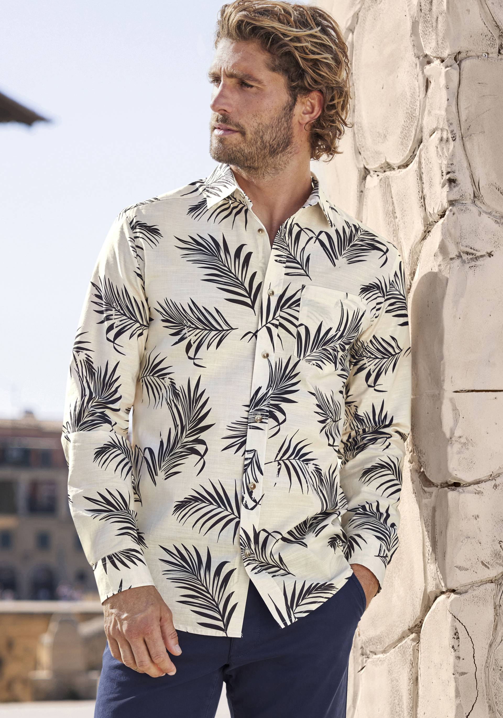 John Devin Hawaiihemd »Regular Fit,«, Langarm, Freizeithemd mit Palmenprint aus reiner Baumwolle von John Devin
