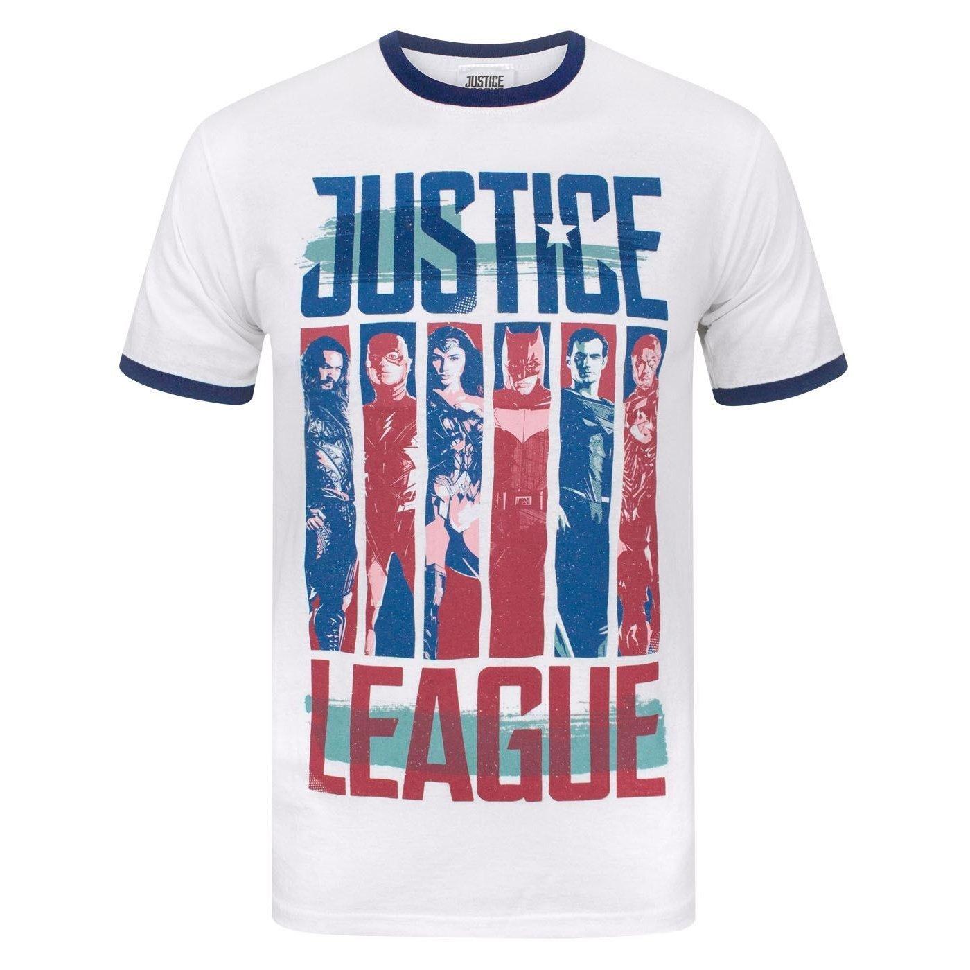 Justice League - Charakter Strips Ringer TShirt, für Herren, Weiss, Größe L von Justice League