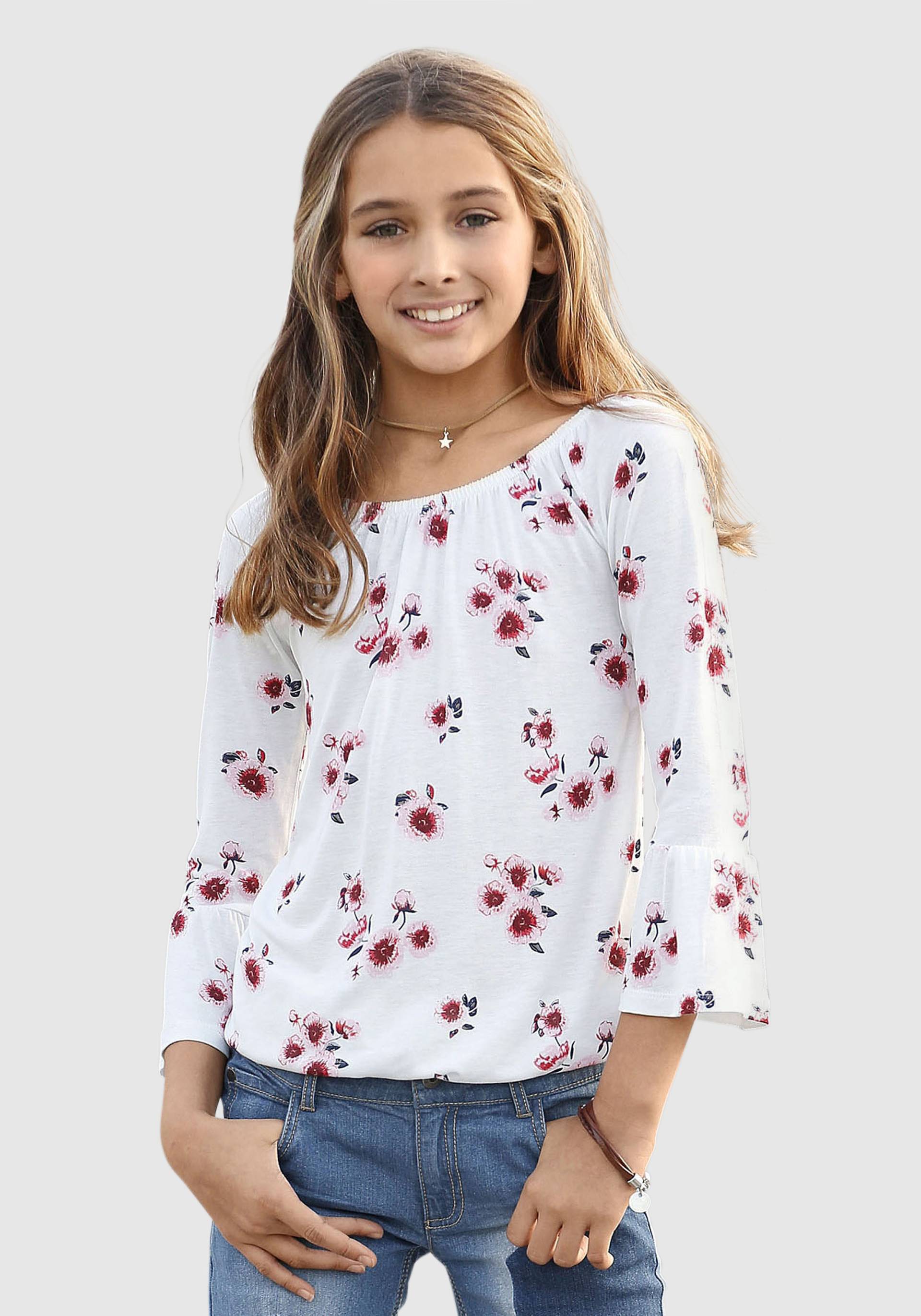 KIDSWORLD Carmenshirt »Viskose-Shirt«, weite Passform, mit Blumenmuster und Aufdruck, Carmenausschnitt KIDSWORLD Carmenshirt »Viskose-Shirt«, weite Passform, mit Blumenmuster und Aufdruck, Carmenausschnitt von KIDSWORLD
