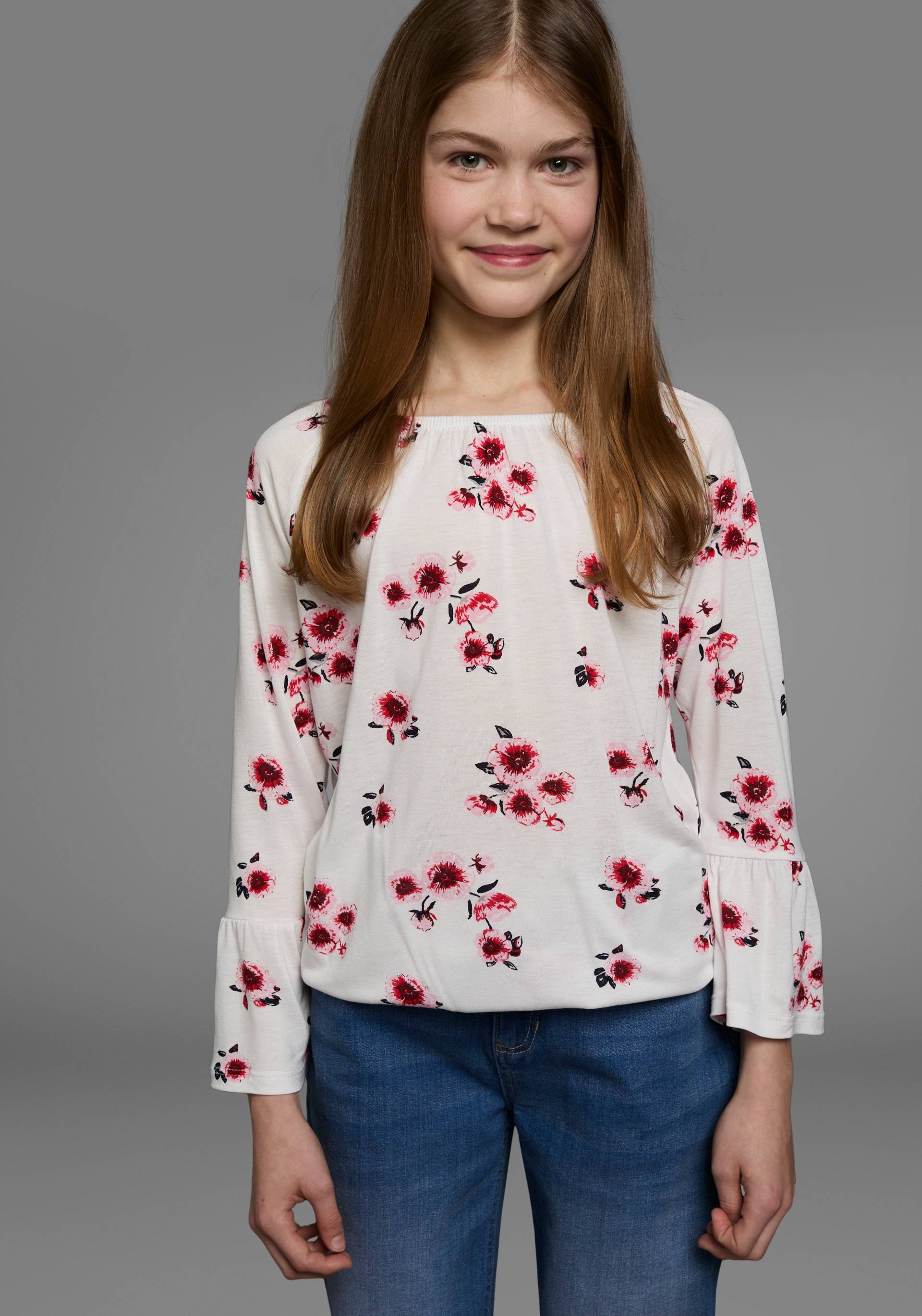 KIDSWORLD Carmenshirt »Viskose-Shirt«, weite Passform, mit Blumenmuster und Aufdruck, Carmenausschnitt KIDSWORLD Carmenshirt »Viskose-Shirt«, weite Passform, mit Blumenmuster und Aufdruck, Carmenausschnitt von KIDSWORLD