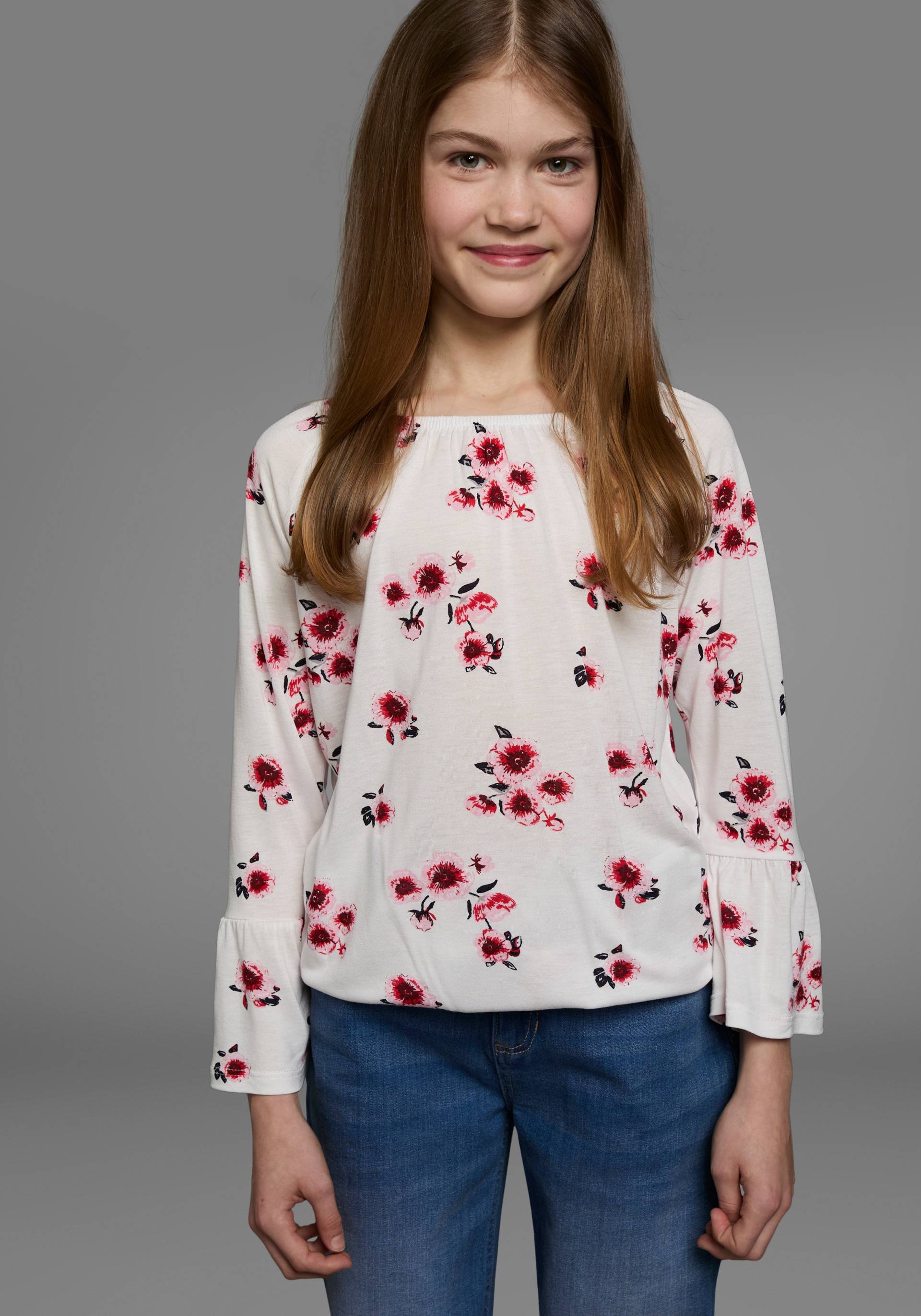 KIDSWORLD Carmenshirt »Viskose-Shirt«, weite Passform, mit Blumenmuster und Aufdruck, Carmenausschnitt von KIDSWORLD