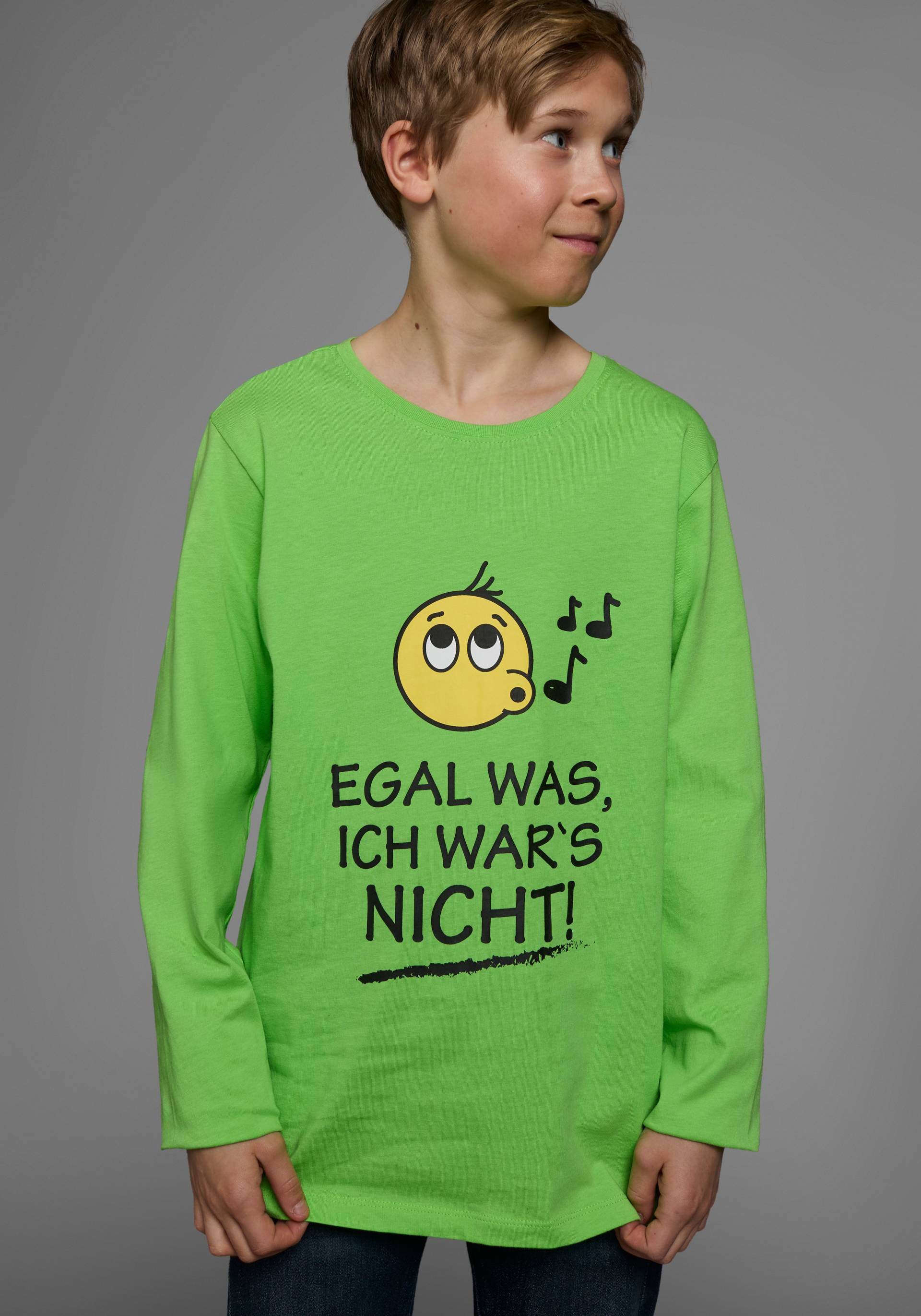 KIDSWORLD Langarmshirt »EGAL WAS, ICH WAR'S NICHT!«, Langarm, Basic-Passform, peppiger Aufdruck, Rundhalsausschnitt KIDSWORLD Langarmshirt »EGAL WAS, ICH WAR'S NICHT!«, Langarm, Basic-Passform, peppiger Aufdruck, Rundhalsausschnitt von KIDSWORLD