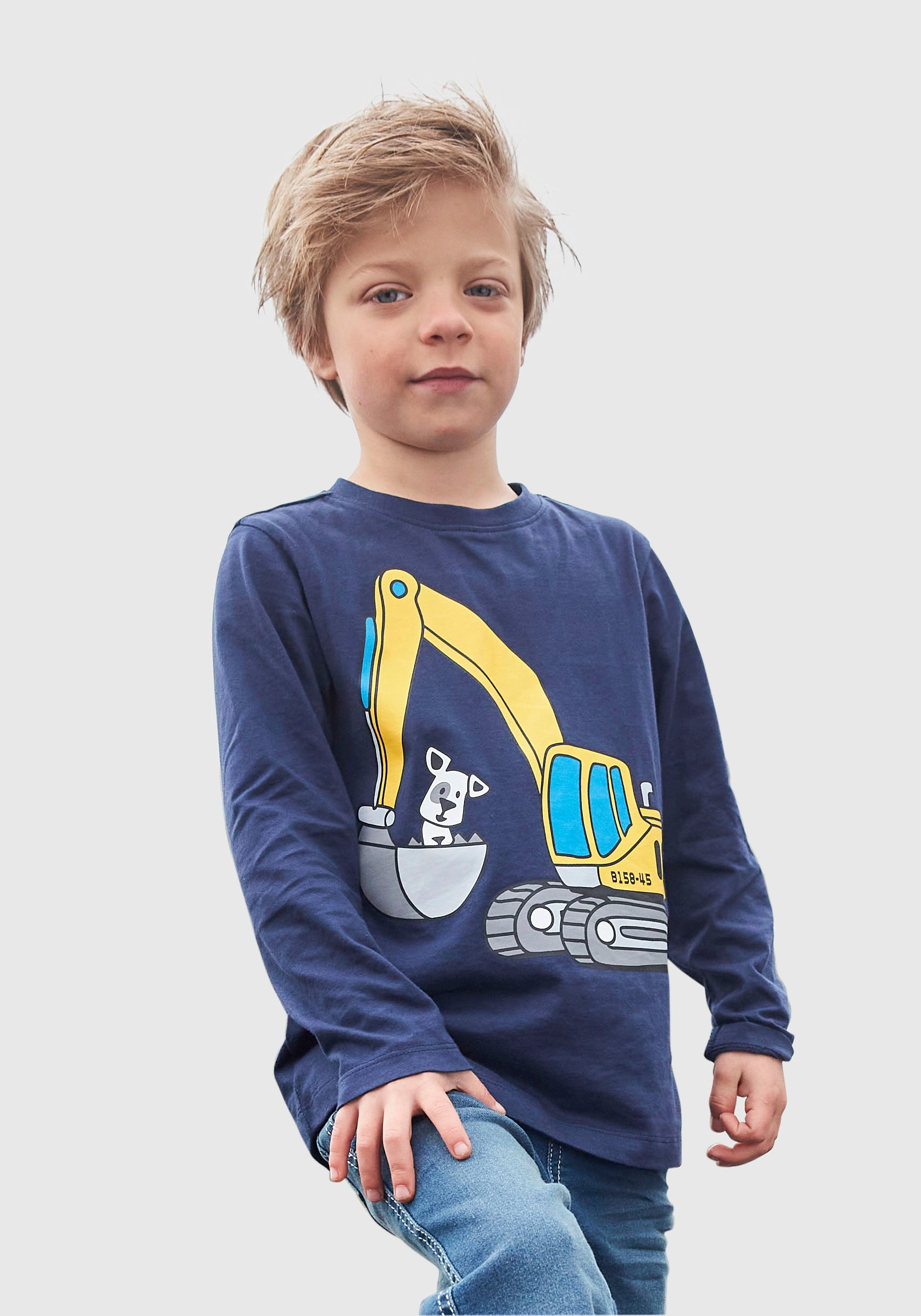 KIDSWORLD Langarmshirt »HUND MIT BAGGER«, Langarm, Basic-Passform, mit stylischem Druck, Rundhalsausschnitt von KIDSWORLD