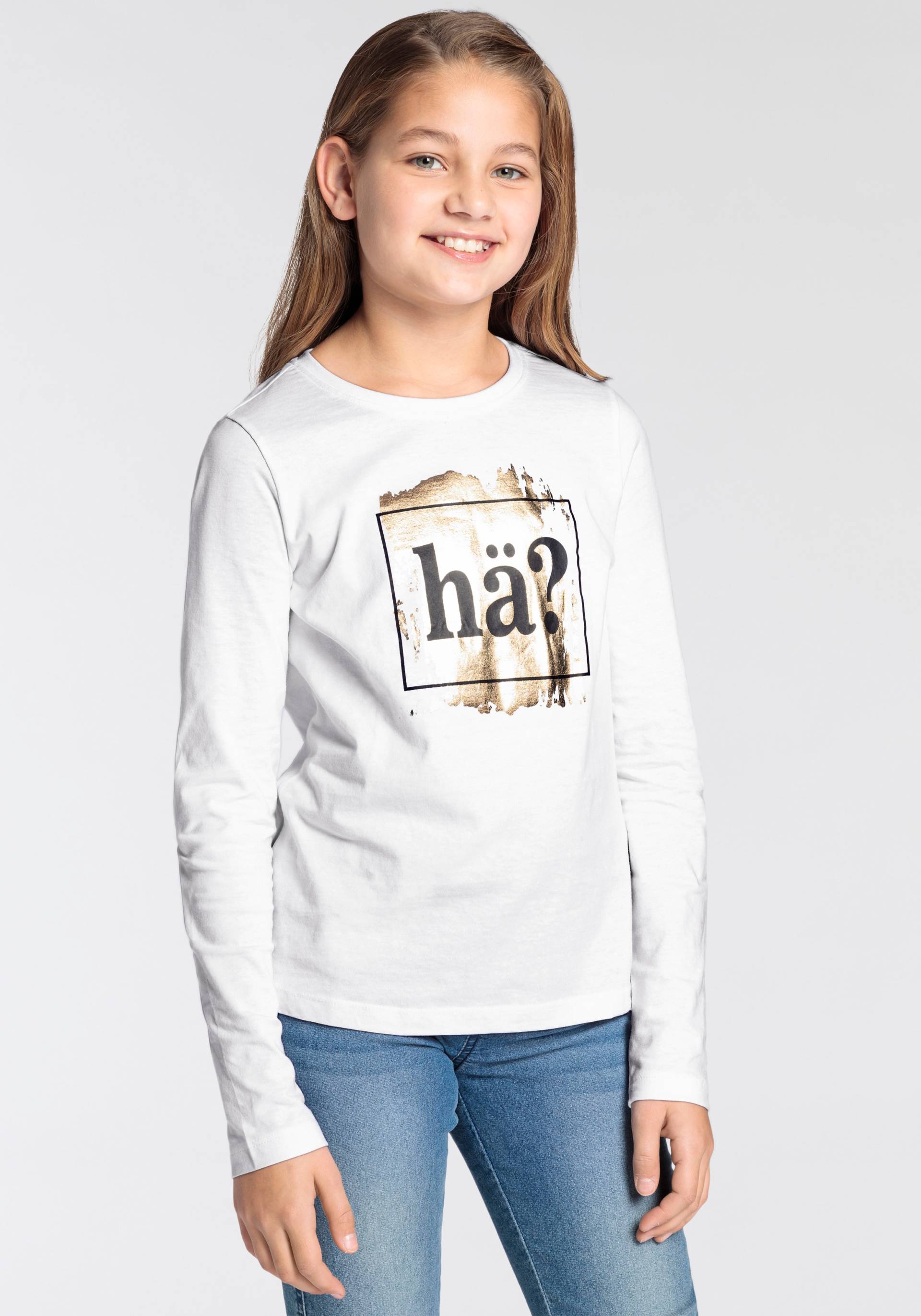 KIDSWORLD Langarmshirt »Sprücheshirt«, goldfarbenfarbiger Foliendruck: HÄ? von KIDSWORLD