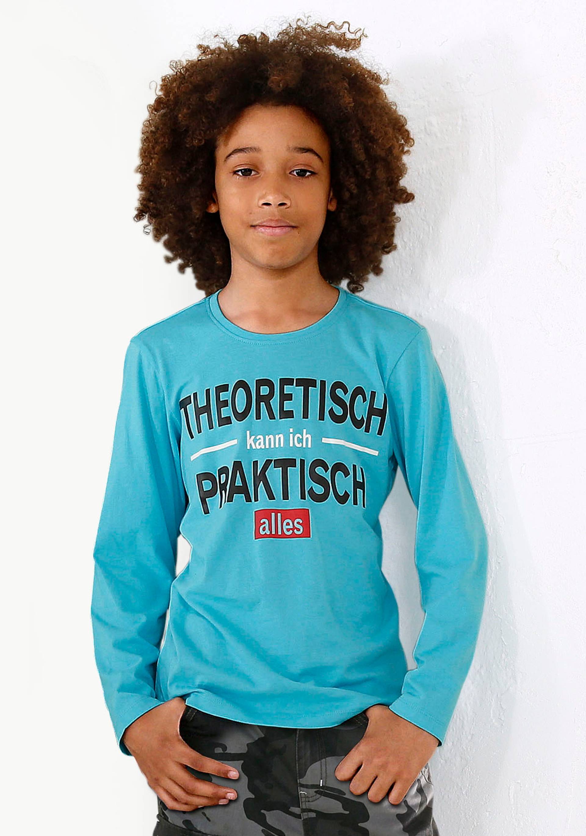 KIDSWORLD Langarmshirt »THEORETISCH KANN ICH PRAKTISCH ALLES«, Langarm, Basic-Passform, mit stylischem Druck, aus Baumwolle KIDSWORLD Langarmshirt »THEORETISCH KANN ICH PRAKTISCH ALLES«, Langarm, Basic-Passform, mit stylischem Druck, aus Baumwolle von KIDSWORLD