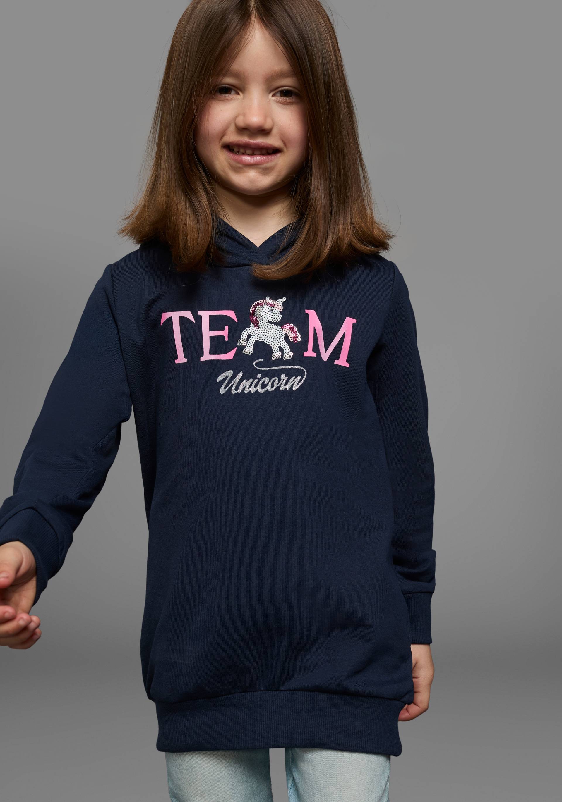 KIDSWORLD Kapuzensweatshirt », Longsweashirt mit Pailletten«, Langarm, Basic-Passform, mit modischem Druck, mit Kapuze KIDSWORLD Kapuzensweatshirt », Longsweashirt mit Pailletten«, Langarm, Basic-Passform, mit modischem Druck, mit Kapuze von KIDSWORLD
