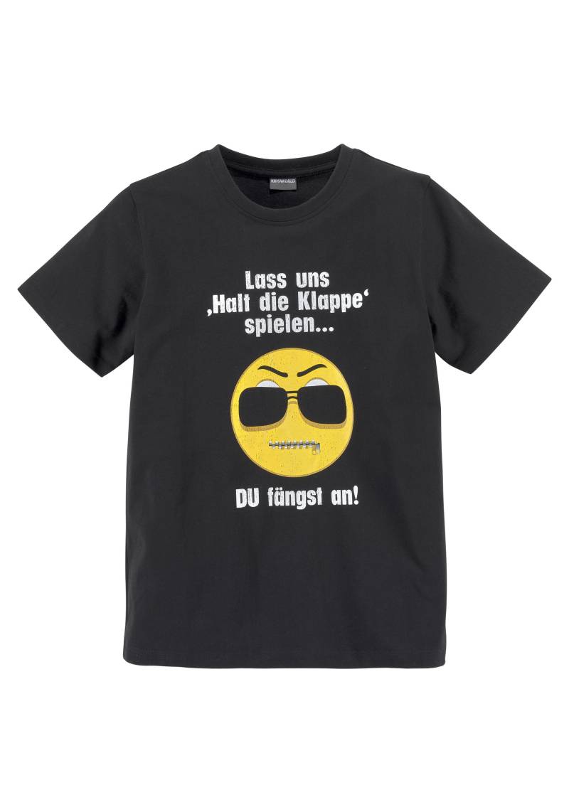 KIDSWORLD T-Shirt »Mit Spruch: LASS UNS: HALT DIE KLAPPEN! SPIELEN«, Kurzarm, Basic-Passform, mit trendigen Statements und Sprüchen von KIDSWORLD