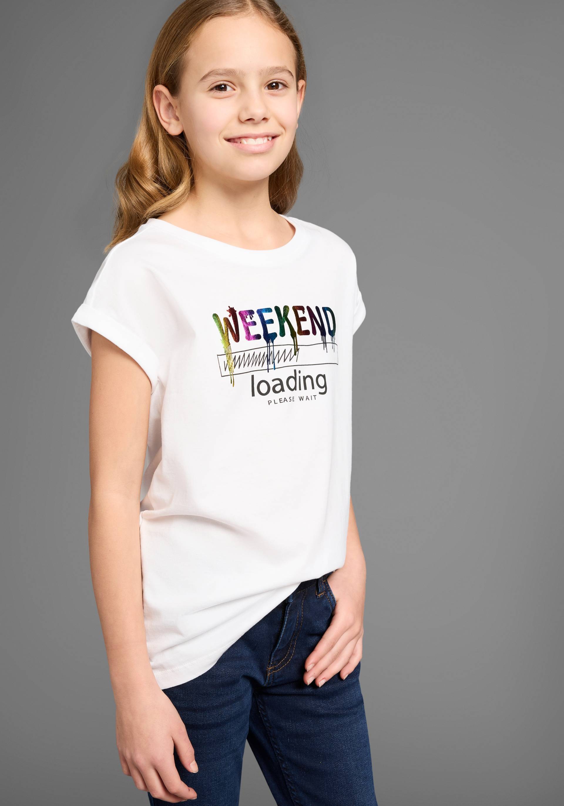 KIDSWORLD T-Shirt »WEEKEND loading...please wait«, Kurzarm, weite Passform, bedruckte Optik, Rundhalsausschnitt von KIDSWORLD