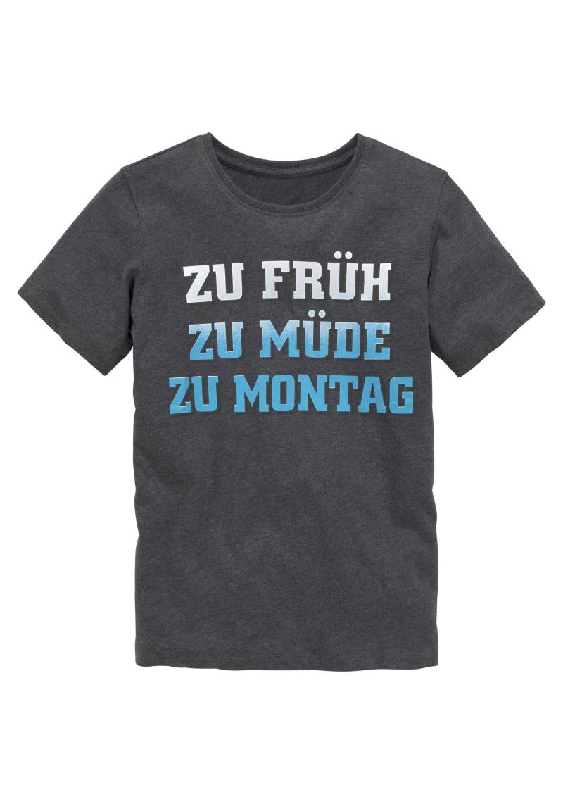 KIDSWORLD T-Shirt »Mit Spruch: ZU FRÜH, ZU MÜDE...«, Kurzarm, Basic-Passform, mit stylischem Print, Rundhalsausschnitt von KIDSWORLD