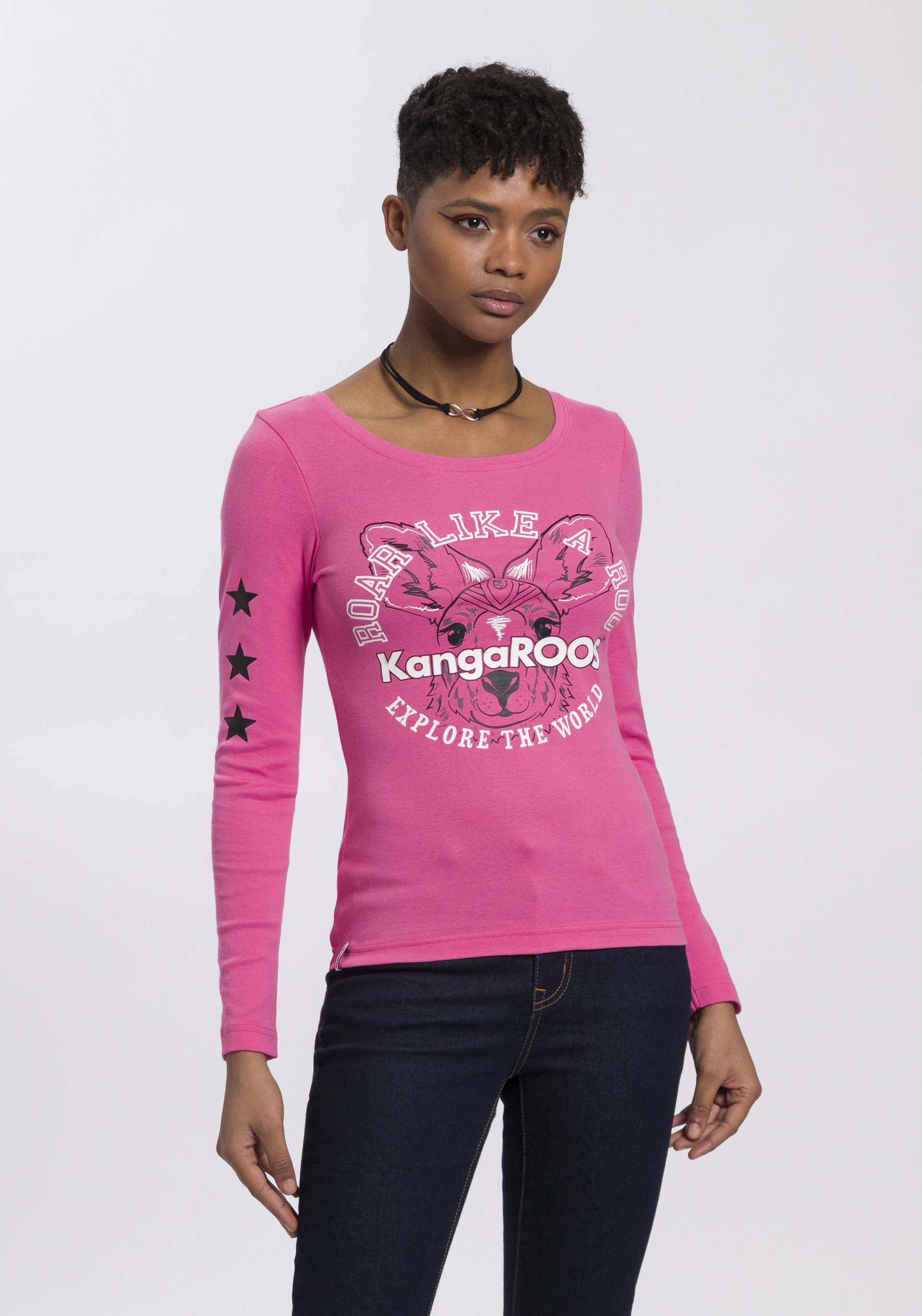 KangaROOS Langarmshirt, Langarm, unifarben mit Farbeinsatz und Logodruck von KangaROOS