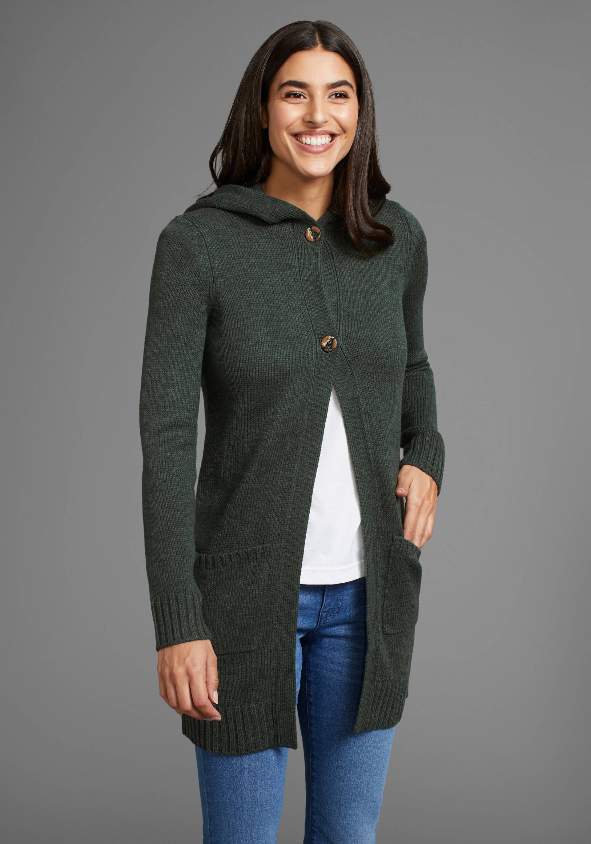 KangaROOS Kapuzenstrickjacke, mit aufgesetzten Taschen und breiten Rippbündchen KangaROOS Kapuzenstrickjacke, mit aufgesetzten Taschen und breiten Rippbündchen von Kangaroos