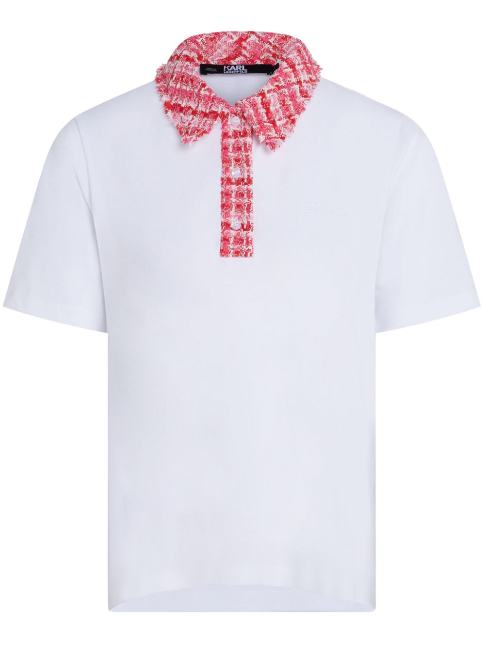 Karl Lagerfeld logo-embroidered bouclé-trim polo top - White von Karl Lagerfeld