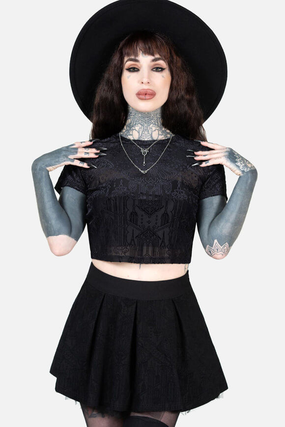 Killstar Chapel Of Hatred Crop Mesh T-Shirt | Black | Damen  | XS