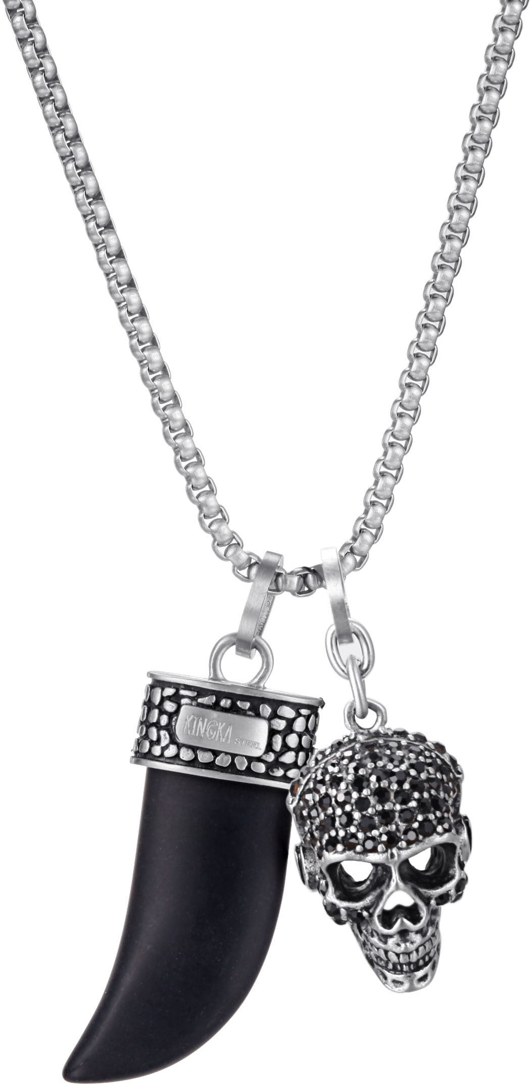 Kingka Kette mit Anhänger »Schmuck Geschenk Edelstahl Halskette Zahn Totenkopf, OSN-850SBK-BX«, (Set, 3 tlg.), mit Onyx, Zirkonia (synth.) von Kingka