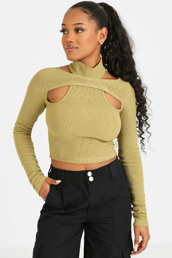 LA SHADY Geripptes Crop Langarmshirt | Moss Green | Damen  | L von LA SHADY