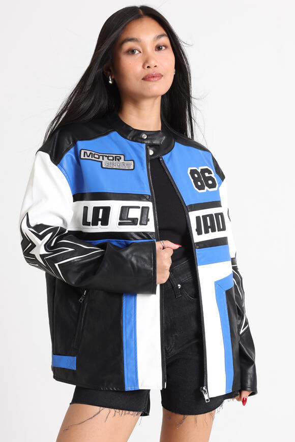 LA SHADY Kunstleder Bikerjacke | Blau + Schwarz + Offwhite | Damen  | L von LA SHADY