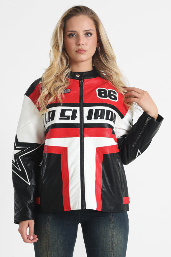 LA SHADY Kunstleder Bikerjacke | Rot + Schwarz + Offwhite | Damen  | L von LA SHADY