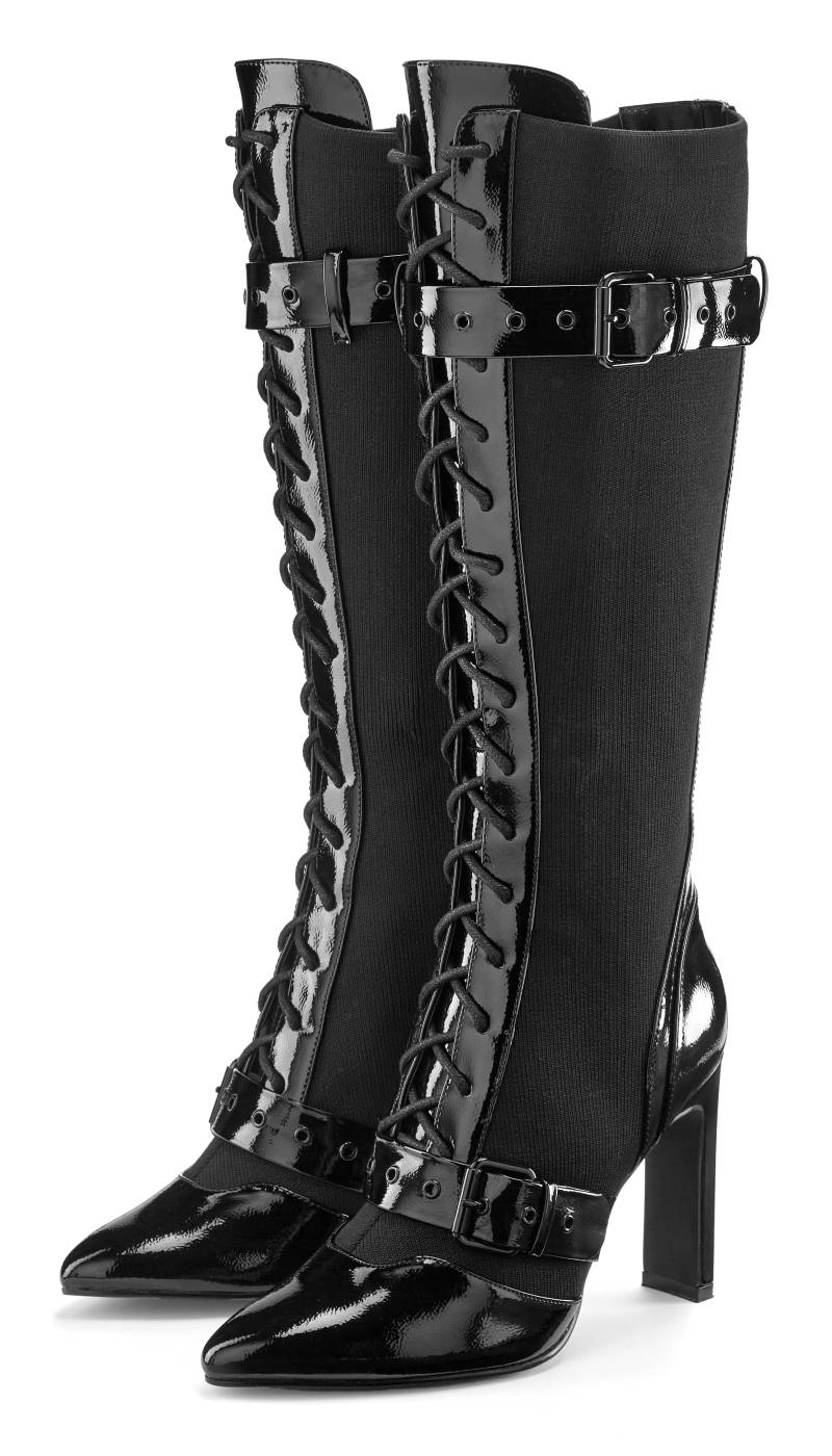 LASCANA Belle Affaire High-Heel-Stiefel, Schnürstiefel mit erotischer Lack-Optik, High-Heel-Stiefelette von LASCANA Belle Affaire