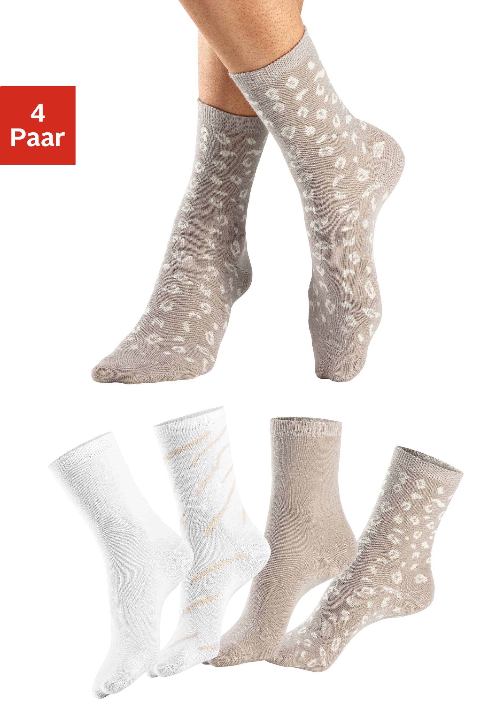 LASCANA Basicsocken, (Packung, 4 Paar), uni und mit animal Design von LASCANA