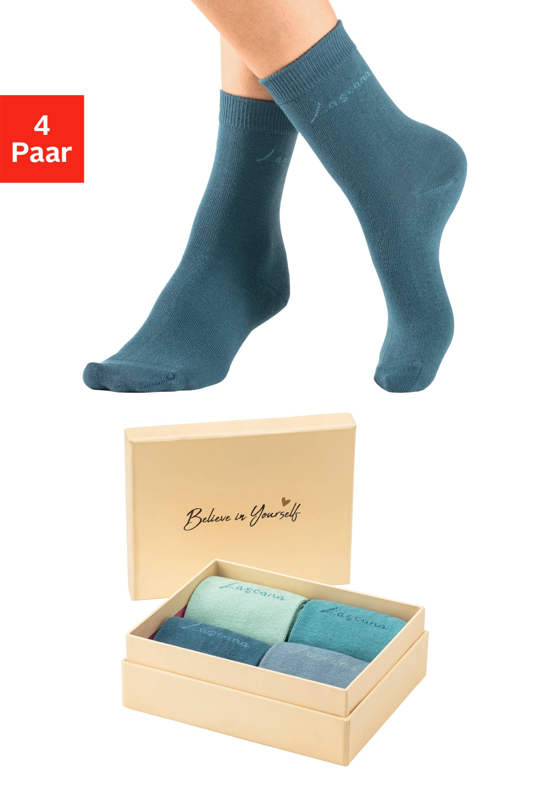 LASCANA Basicsocken »Believe in Yourself«, (Box, 4 Paar), in ansprechender Geschenkbox von LASCANA