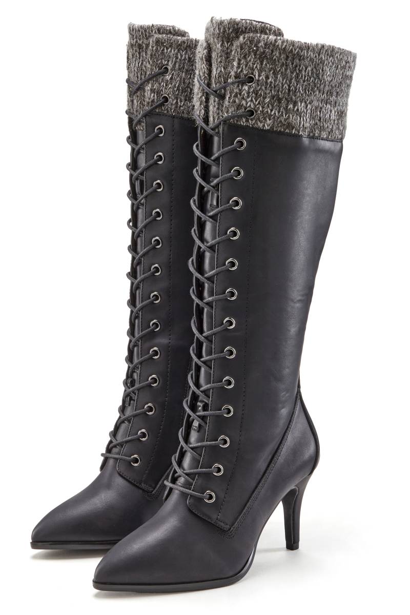 LASCANA Stiefel »Stiefelette, Langer Stiefel«, mit spitz zulaufender Form und Strickeinsatz von LASCANA