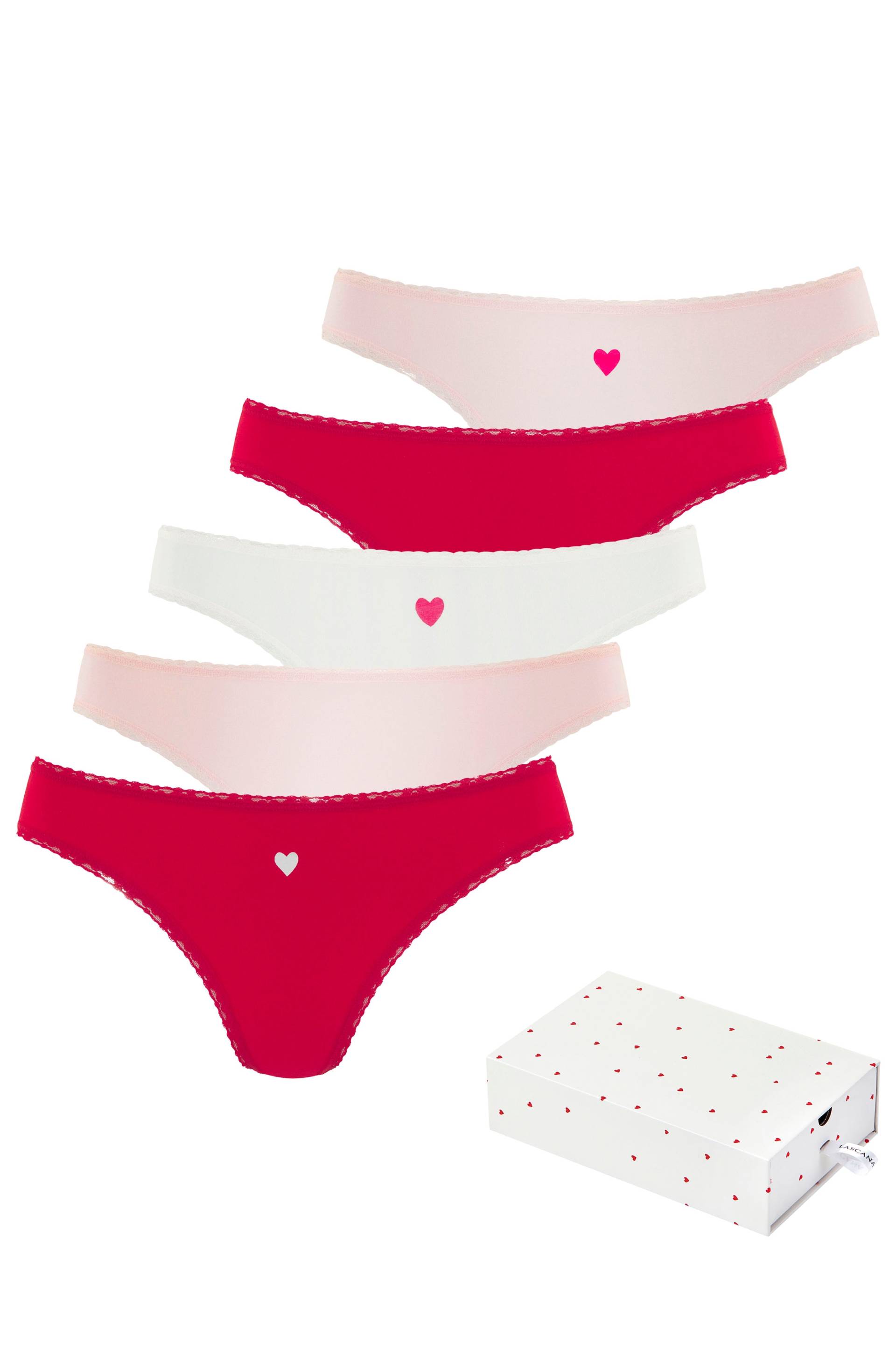 LASCANA String, (5er-Pack), mit süssen Herzchen-Prints und aus elastischer Baumwoll-Qualität von LASCANA