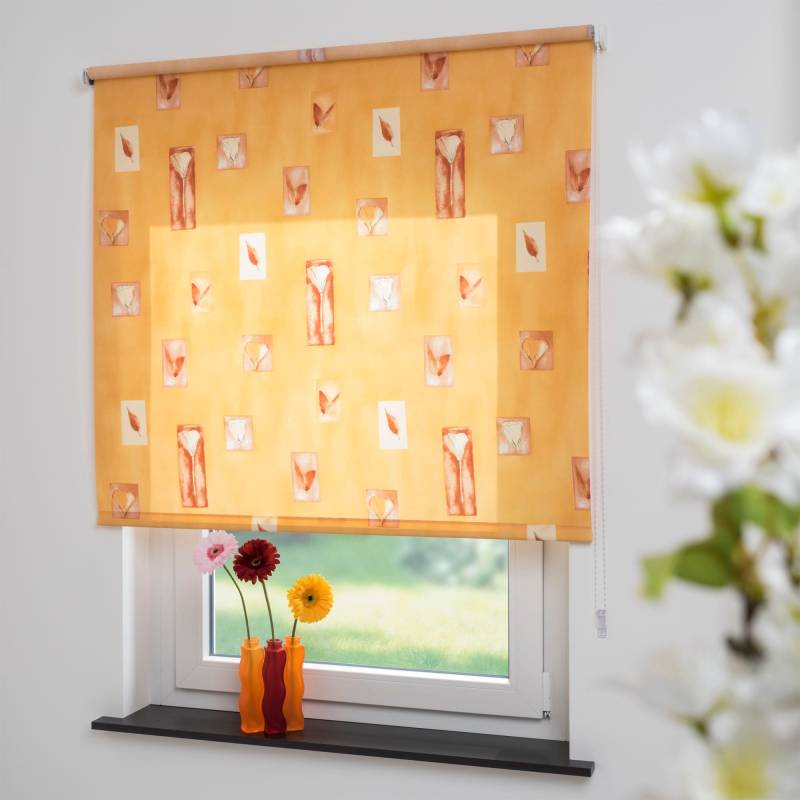 Liedeco Seitenzugrollo »Blumen orange«, Lichtschutz, Sichtschutz, mit Bohren/ohne Bohren, freihängend, Seitenzugrollo, Kettenzugrollo, Dekorrollo - Blumen orange von LIEDECO