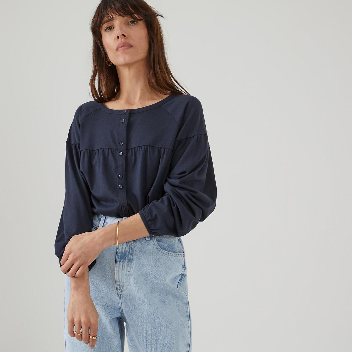 Blusenshirt Mit Rundem Ausschnitt Und Knopfleiste Damen Blau L von La Redoute Collections