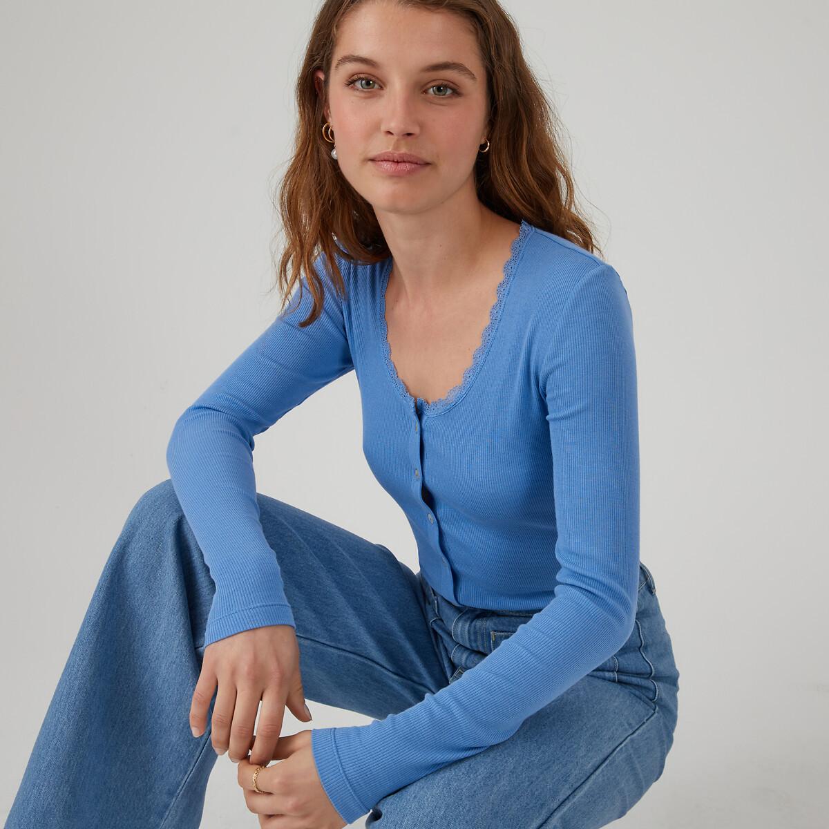 Langarm-shirt Mit Knopfverschluss Und Spitze Damen Blau S von La Redoute Collections