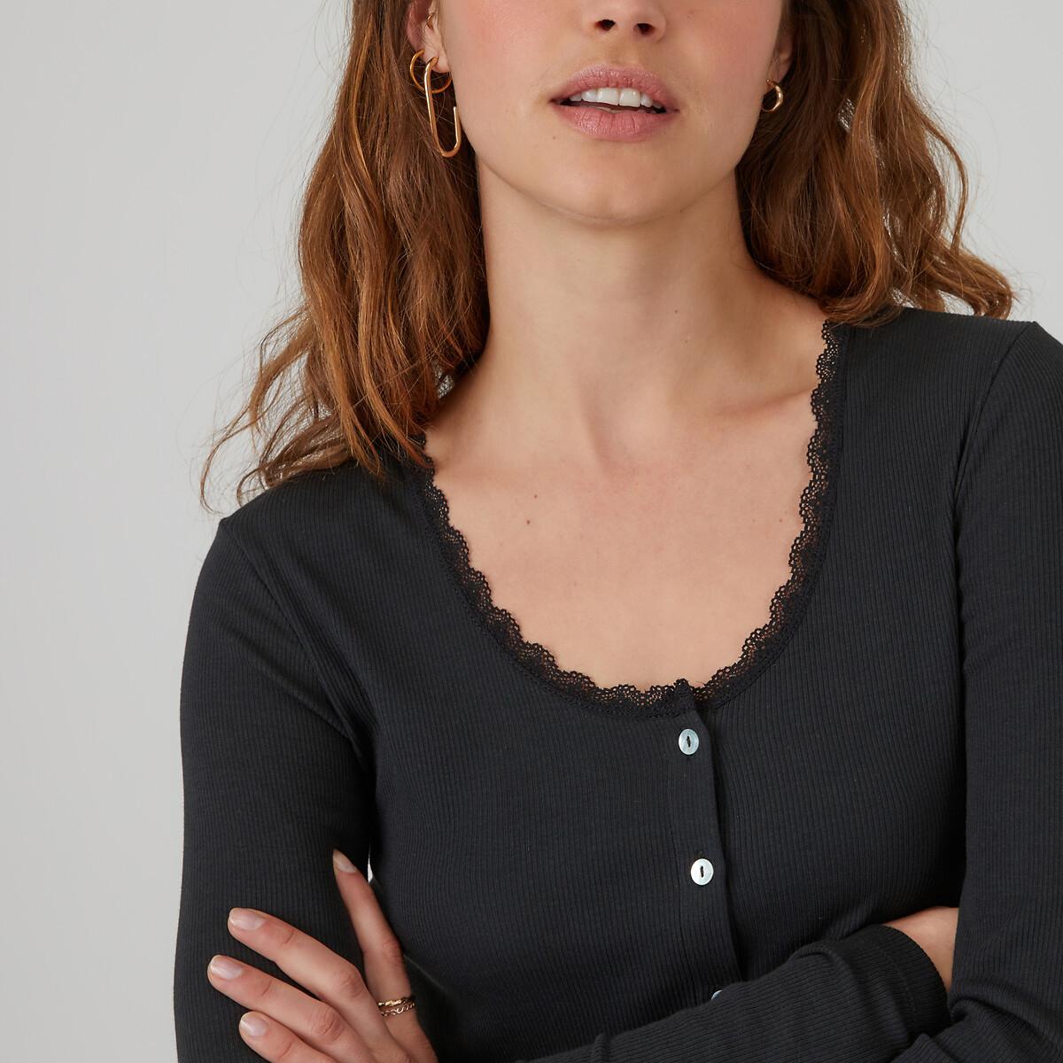 Langarm-shirt Mit Knopfverschluss Und Spitze Damen Schwarz M von La Redoute Collections