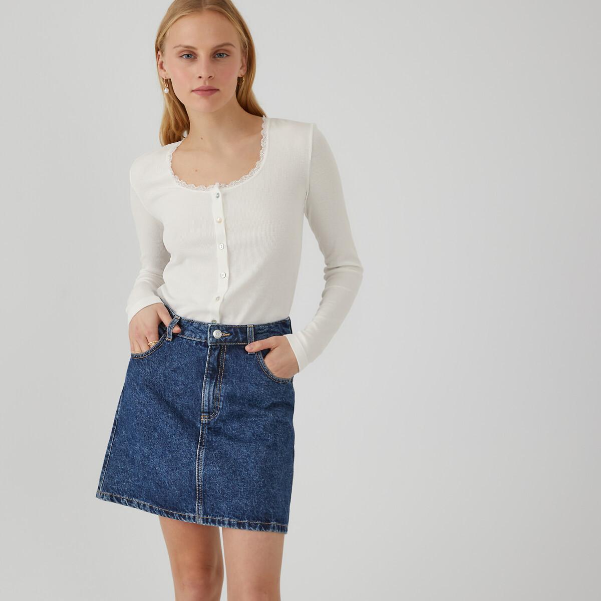 Langarm-shirt Mit Knopfverschluss Und Spitze Damen Weiss L von La Redoute Collections