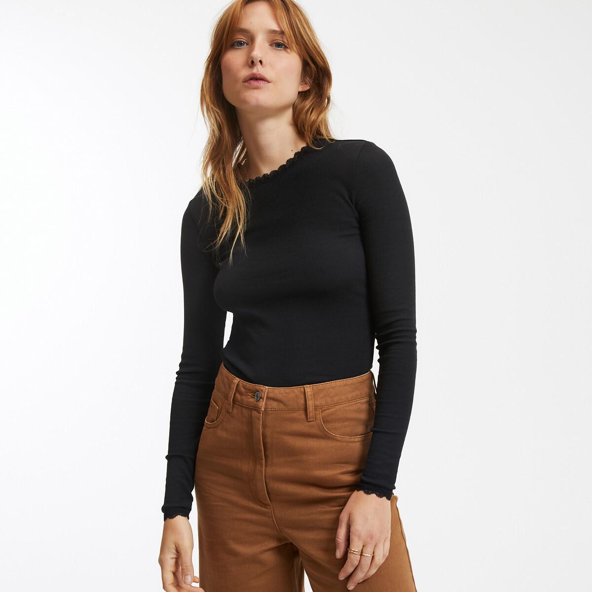 La Redoute Collections - Langarmshirt mit Rundhals und Spitzendetails, für Damen, Schwarz, Größe L von La Redoute Collections