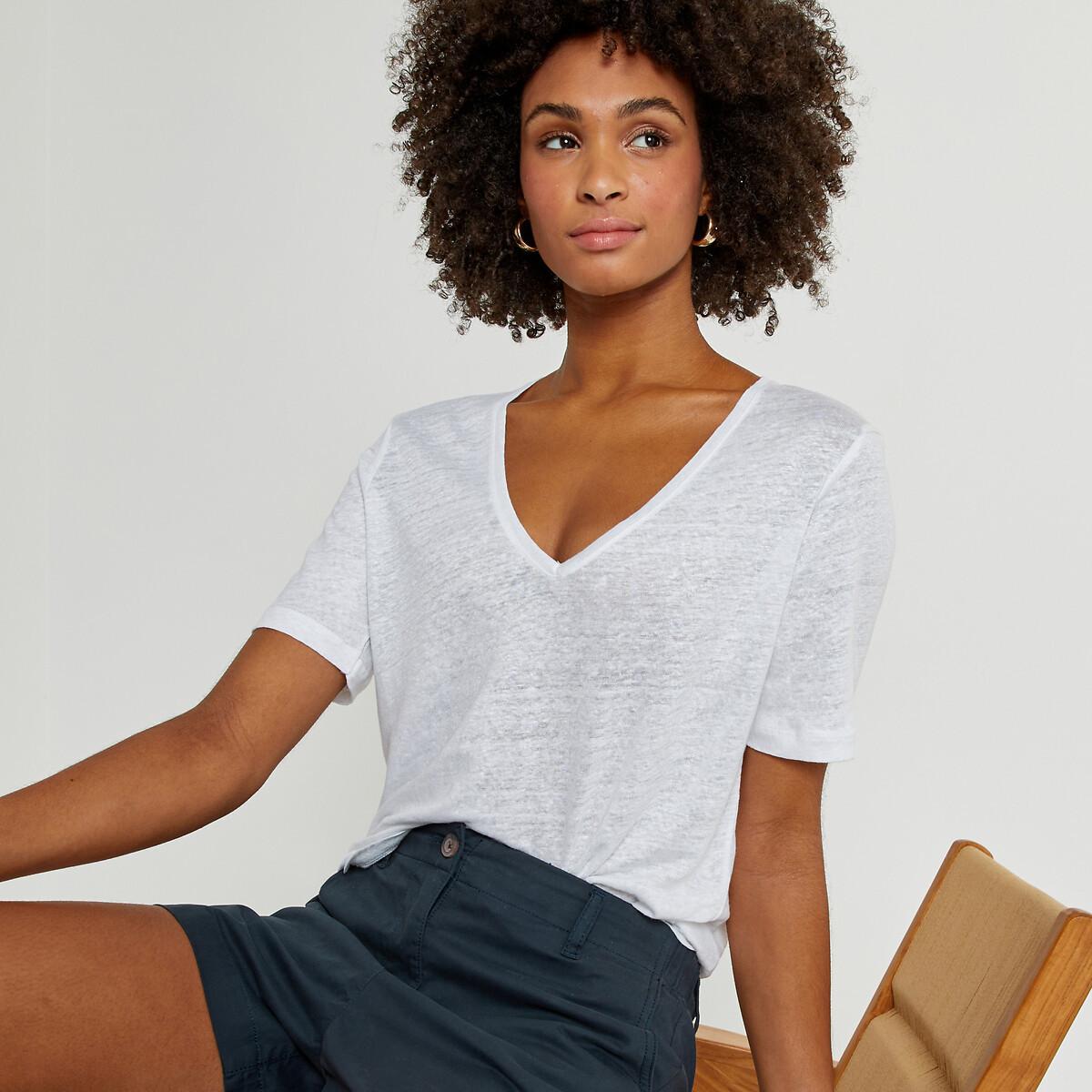 T-shirt Aus Leinen Mit V-ausschnitt Damen Weiss L von La Redoute Collections