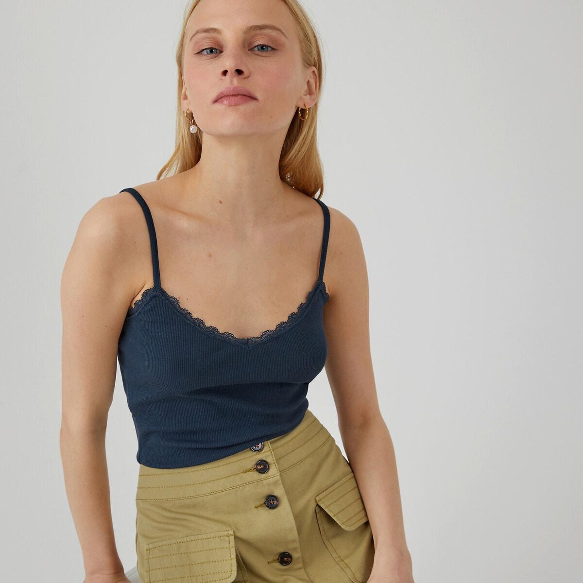 Top Mit Schmalen Trägern Und Spitze Damen Blau L von La Redoute Collections