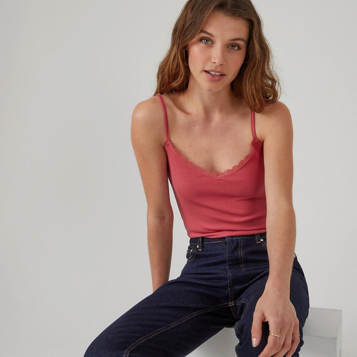 Top Mit Schmalen Trägern Und Spitze Damen Rosa L von La Redoute Collections