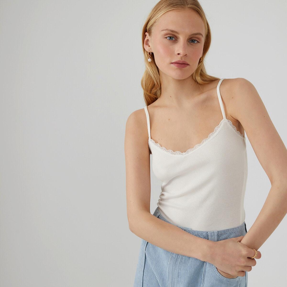 Top Mit Schmalen Trägern Und Spitze Damen Weiss L von La Redoute Collections