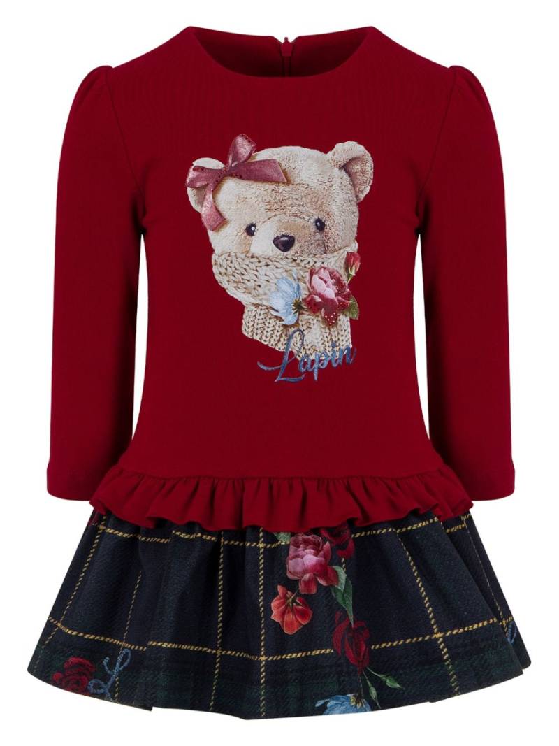 Lapin House bear print peplum-plaid combined dress - Red von Lapin House