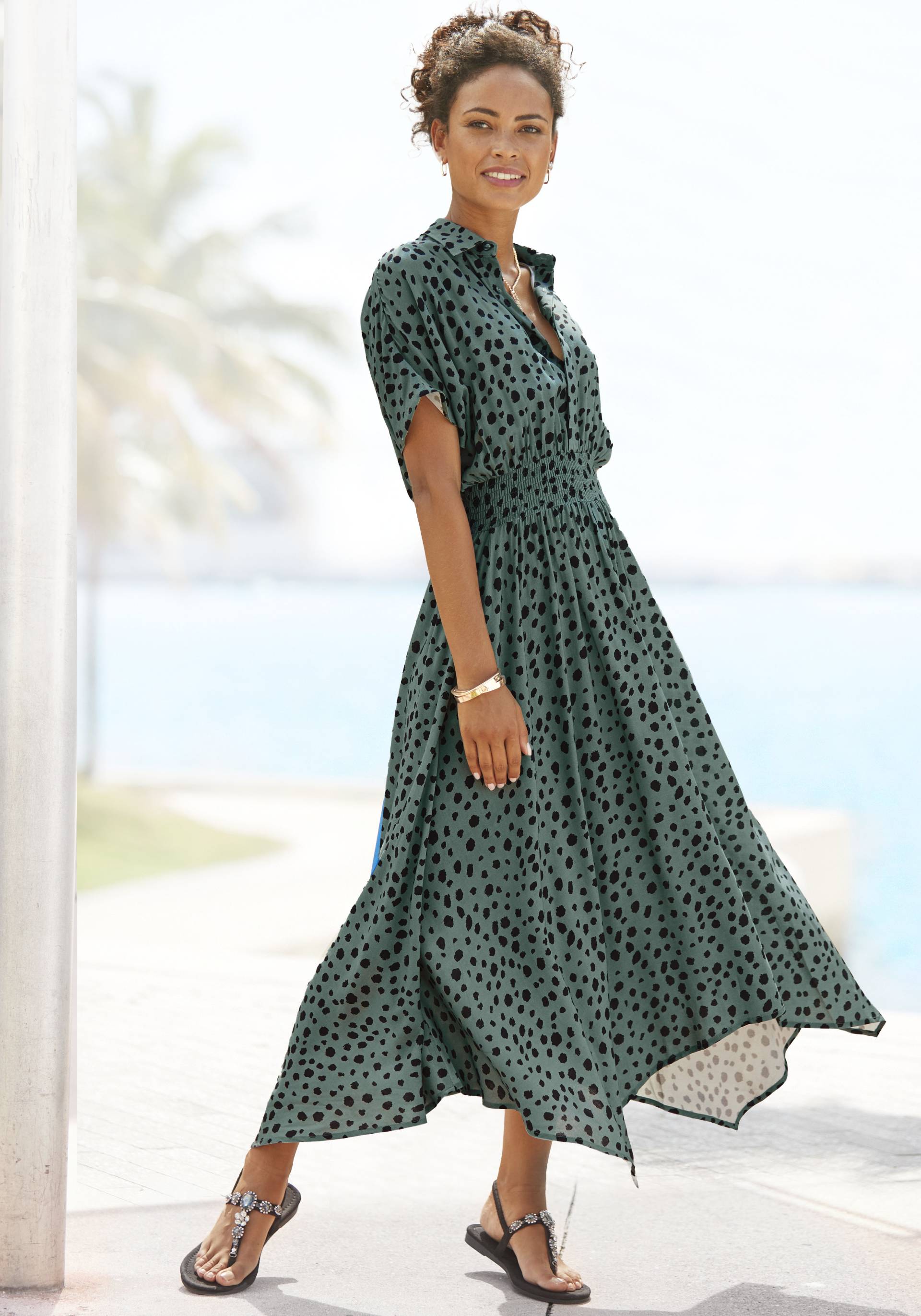 LASCANA Druckkleid, mit Punktedruck und asymmetrischem Saum, Hemdblusenkleid, Midikleid LASCANA Druckkleid, mit Punktedruck und asymmetrischem Saum, Hemdblusenkleid, Midikleid von Lascana