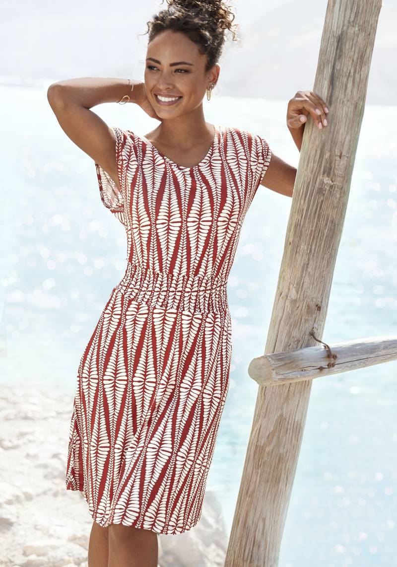 LASCANA Jerseykleid, mit breitem Smokbund, kurzes Sommerkleid mit Alloverprint LASCANA Jerseykleid, mit breitem Smokbund, kurzes Sommerkleid mit Alloverprint von Lascana