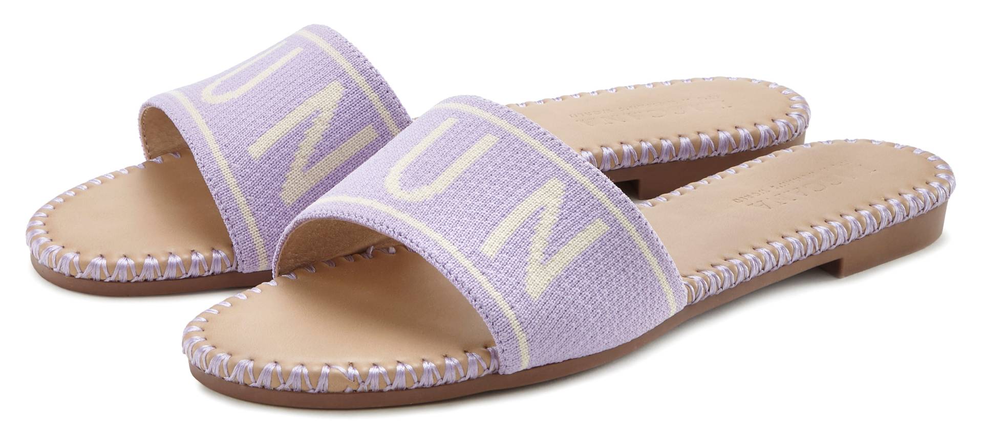 LASCANA Pantolette, Mule, Sandale, offener Schuh aus Textil mit modischem Schriftzug VEGAN LASCANA Pantolette, Mule, Sandale, offener Schuh aus Textil mit modischem Schriftzug VEGAN von Lascana