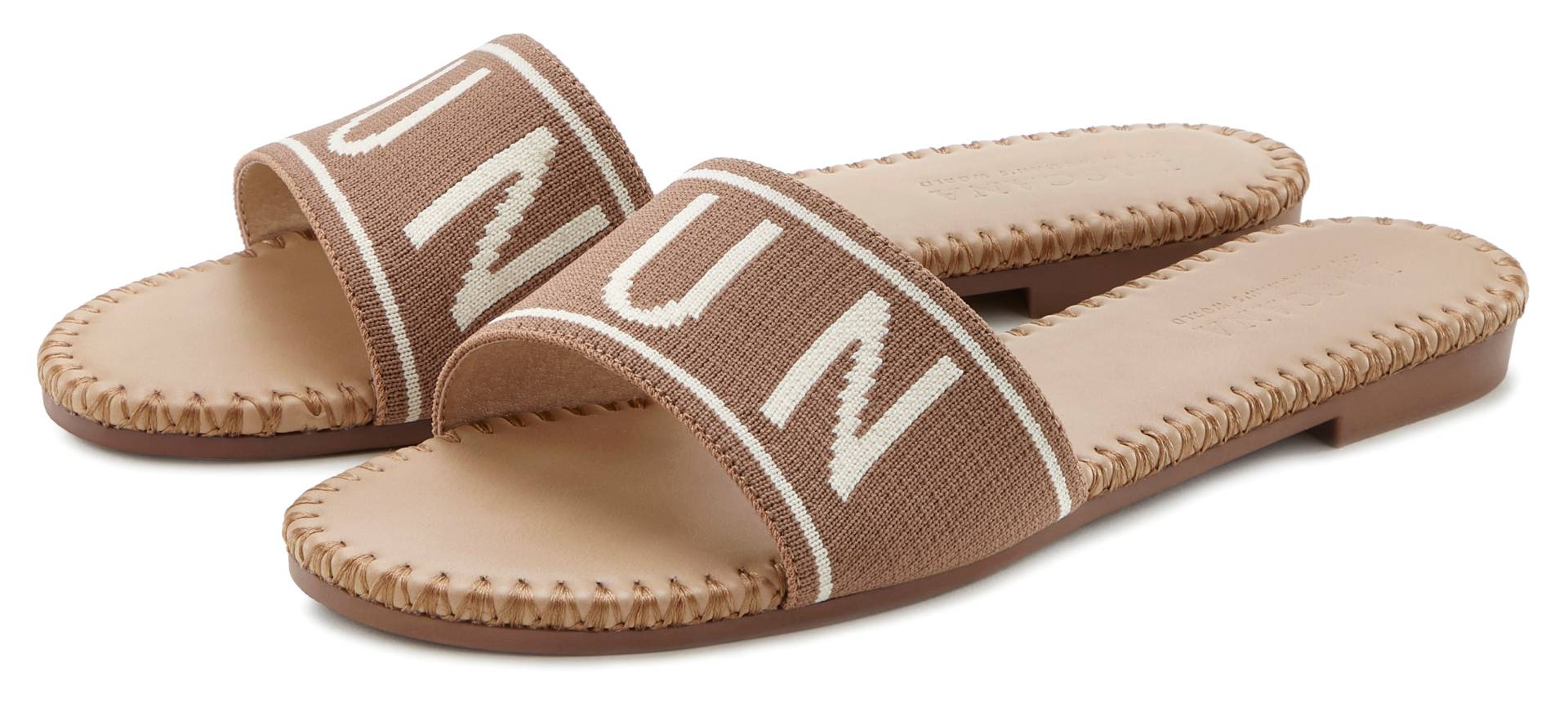 LASCANA Pantolette, Mule, Sandale, offener Schuh aus Textil mit modischem Schriftzug VEGAN von Lascana