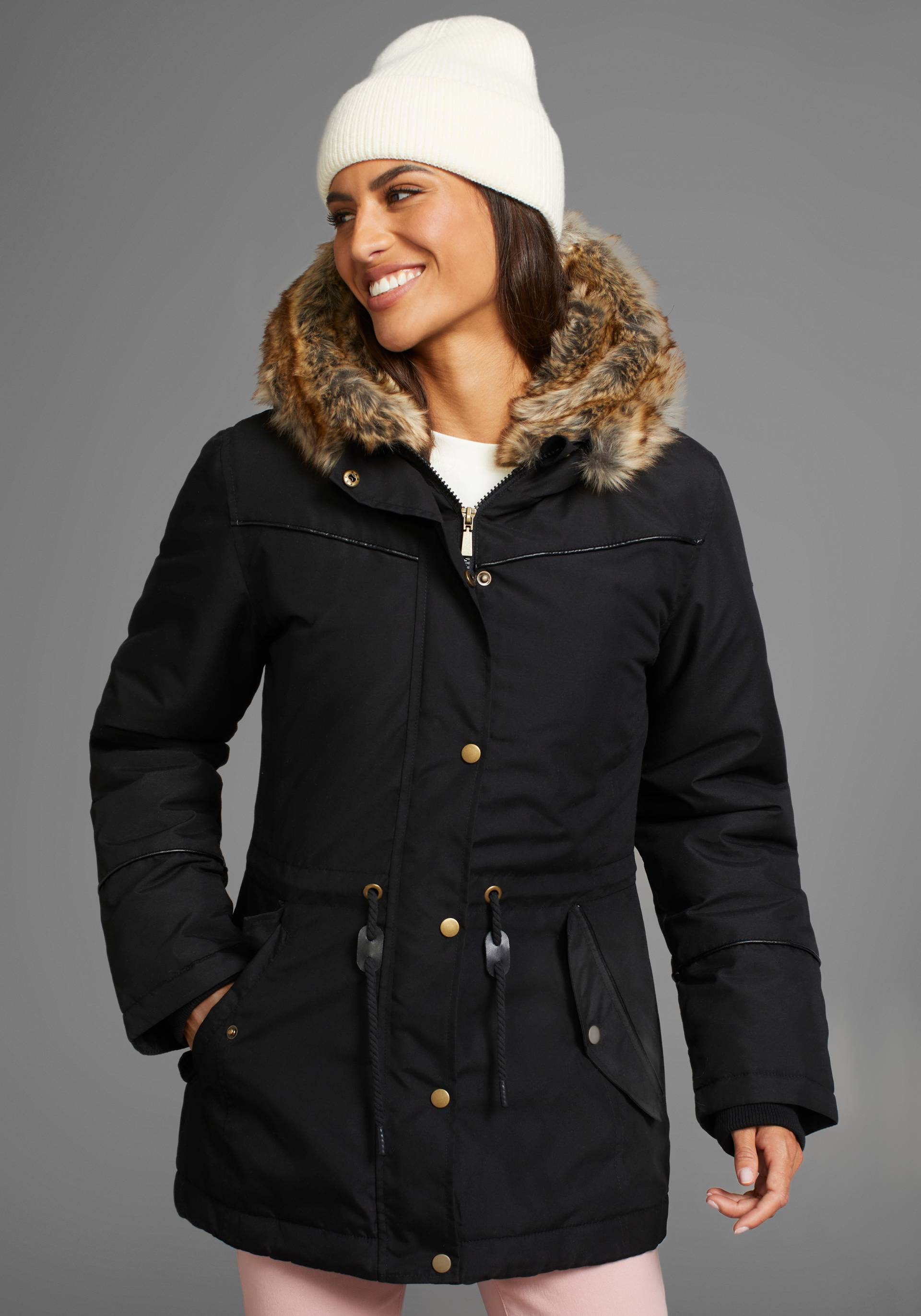 Laura Scott Winterjacke, mit Kapuze, figurbetonte Passform, mit Kapuze, mit abnehmbarem Fellimitat von Laura Scott