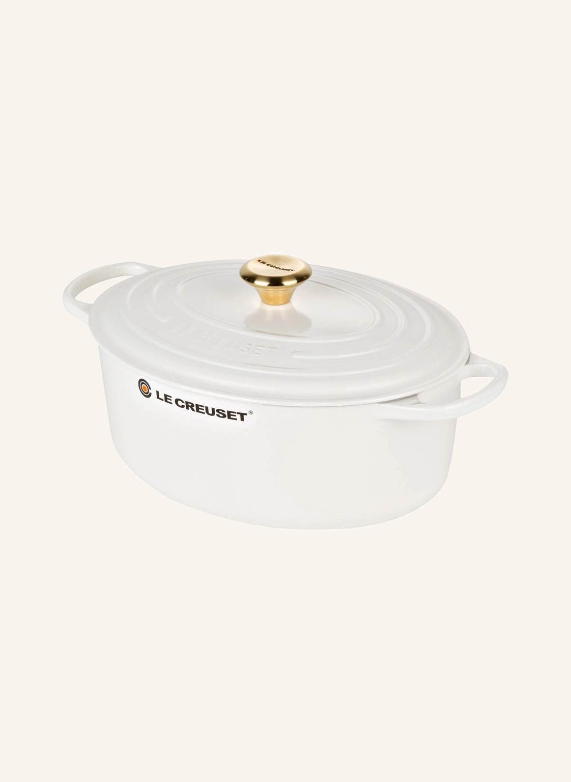 Le Creuset Bräter Signature Oval 31cm Kirschrot Mit Gold Knopf weiss von Le Creuset