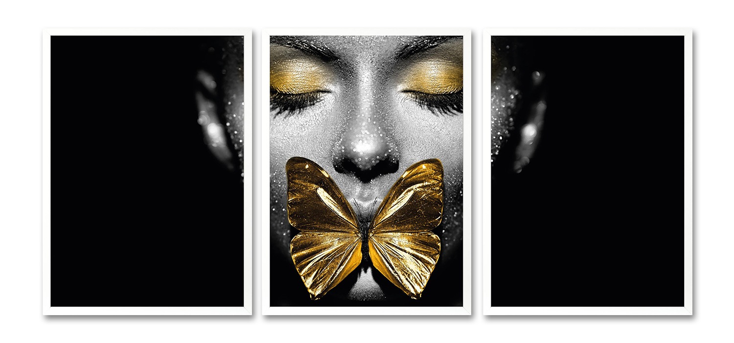 Leonique Bild mit Rahmen »Gesicht Schmetterling Gold - Gerahmter Digitaldruck - Wandbild«, Bilder von Frauen-Frau-Schwarz-Weiss-Schmetterlinge-Gesicht, (3er-Set), Premium Poster 3er Set mit Naturholzrahmen, Handarbeit aus Deutschland