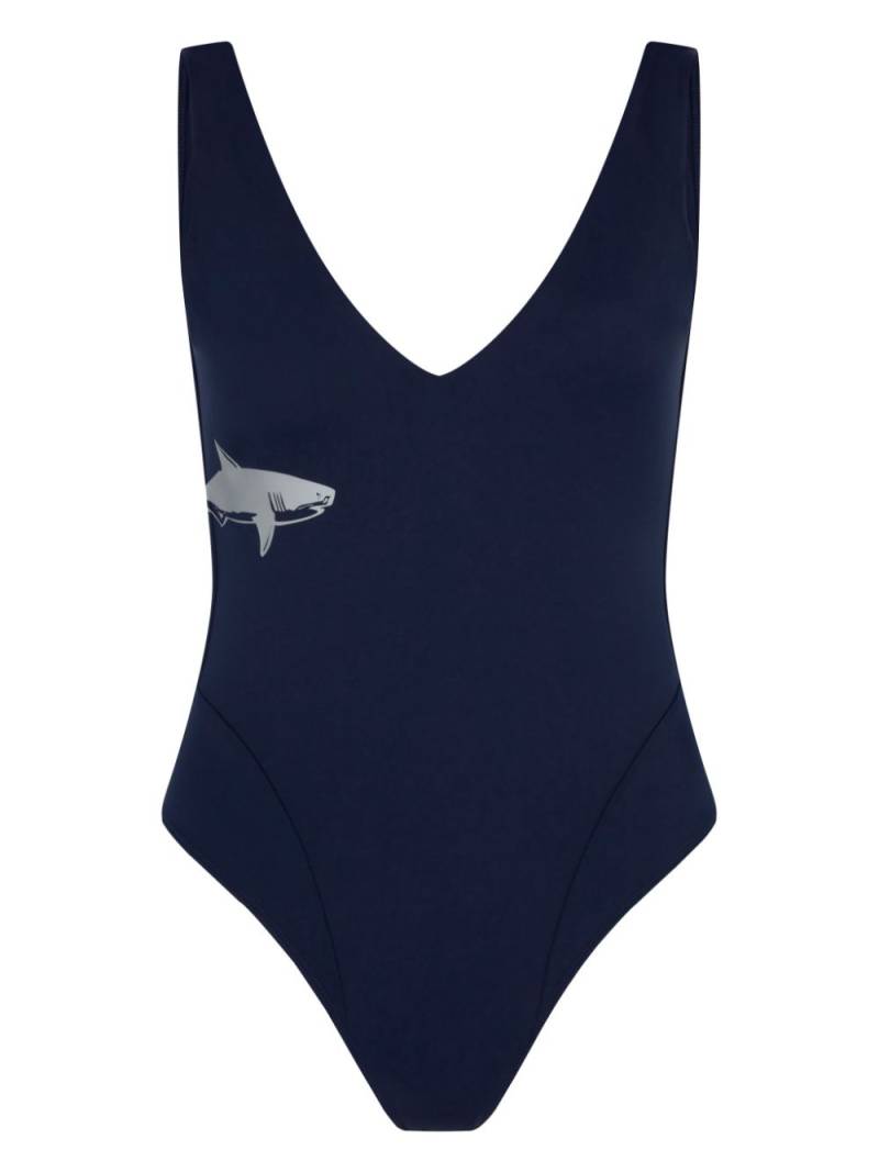 Let's Swim plunging V-neck shark-print swimsuit - Blue von Let's Swim