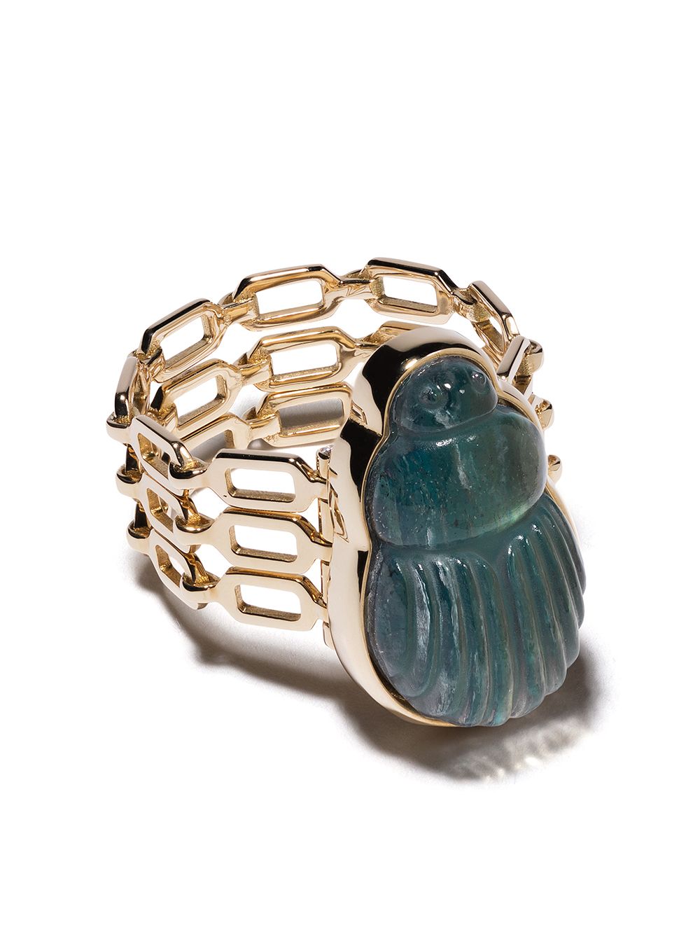 Lito 14kt yellow gold big Sienna labradorite scarab and diamond triple chain ring