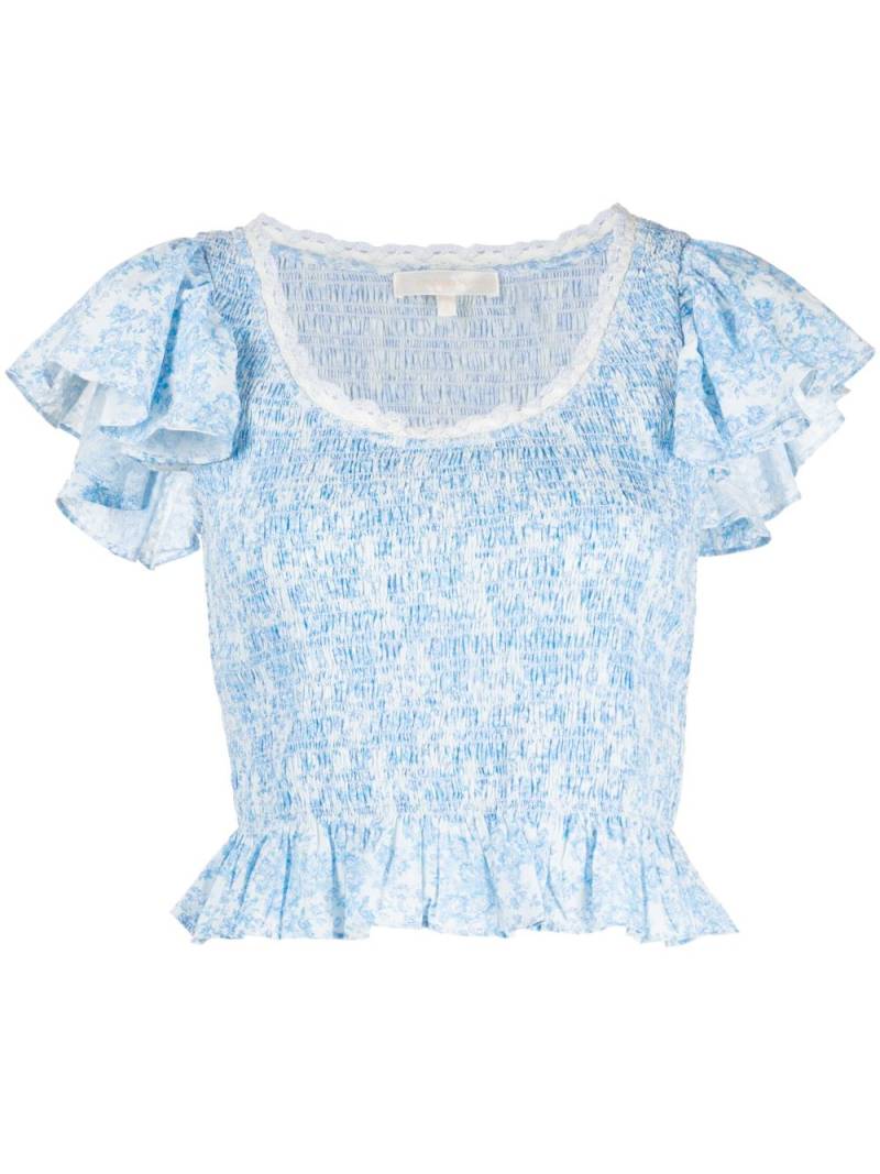 LoveShackFancy Milta smocked-effect printed top - Blue von LoveShackFancy