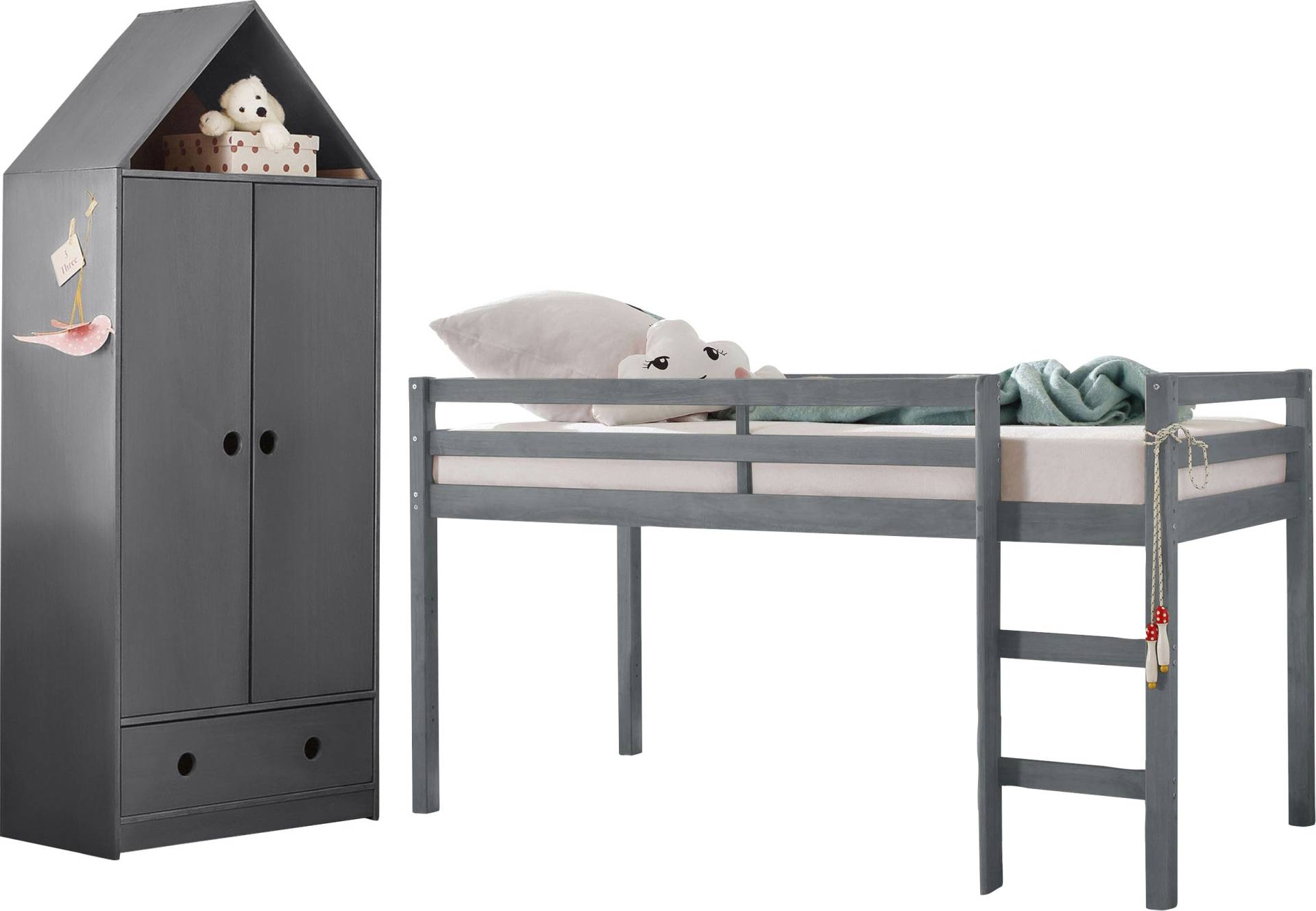 Lüttenhütt Jugendzimmer-Set »Alpi«, (Spar-Set, 2 tlg.), Hochbett und Kleiderschrank in Hausoptik, perfekt für kleine Räume von Lüttenhütt