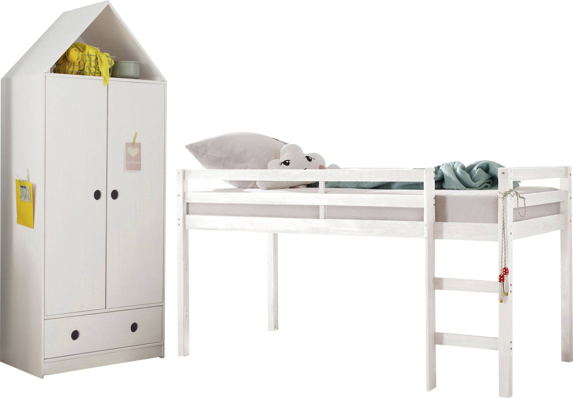 Lüttenhütt Jugendzimmer-Set »Alpi«, (Spar-Set, 2 tlg.), Hochbett und Kleiderschrank in Hausoptik, perfekt für kleine Räume von Lüttenhütt