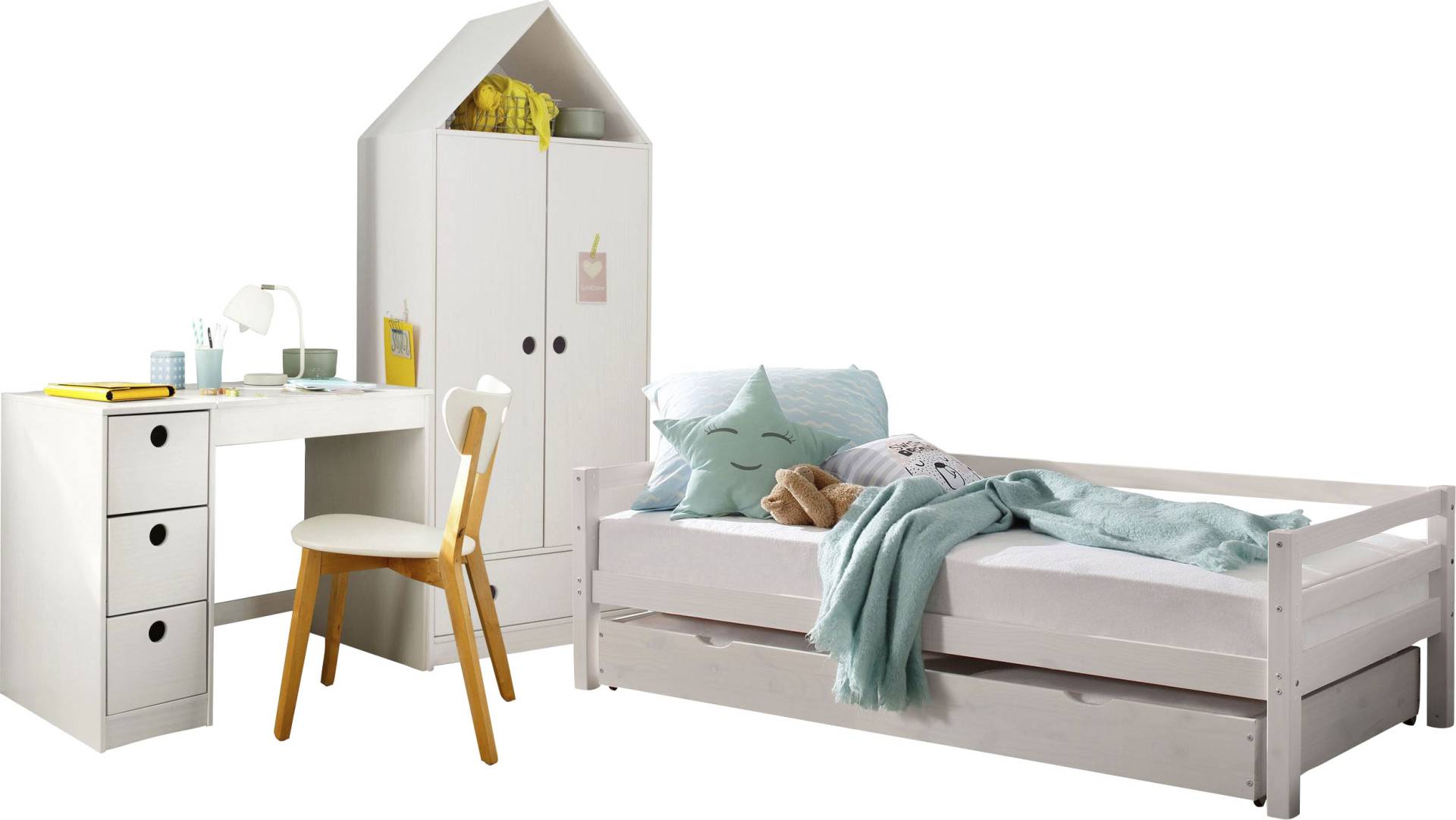 Lüttenhütt Jugendzimmer-Set »Alpi«, (Spar-Set, 3 tlg.), Daybed, Schreibtisch mit Stauraum und Kleiderschrank in Hausoptik von Lüttenhütt